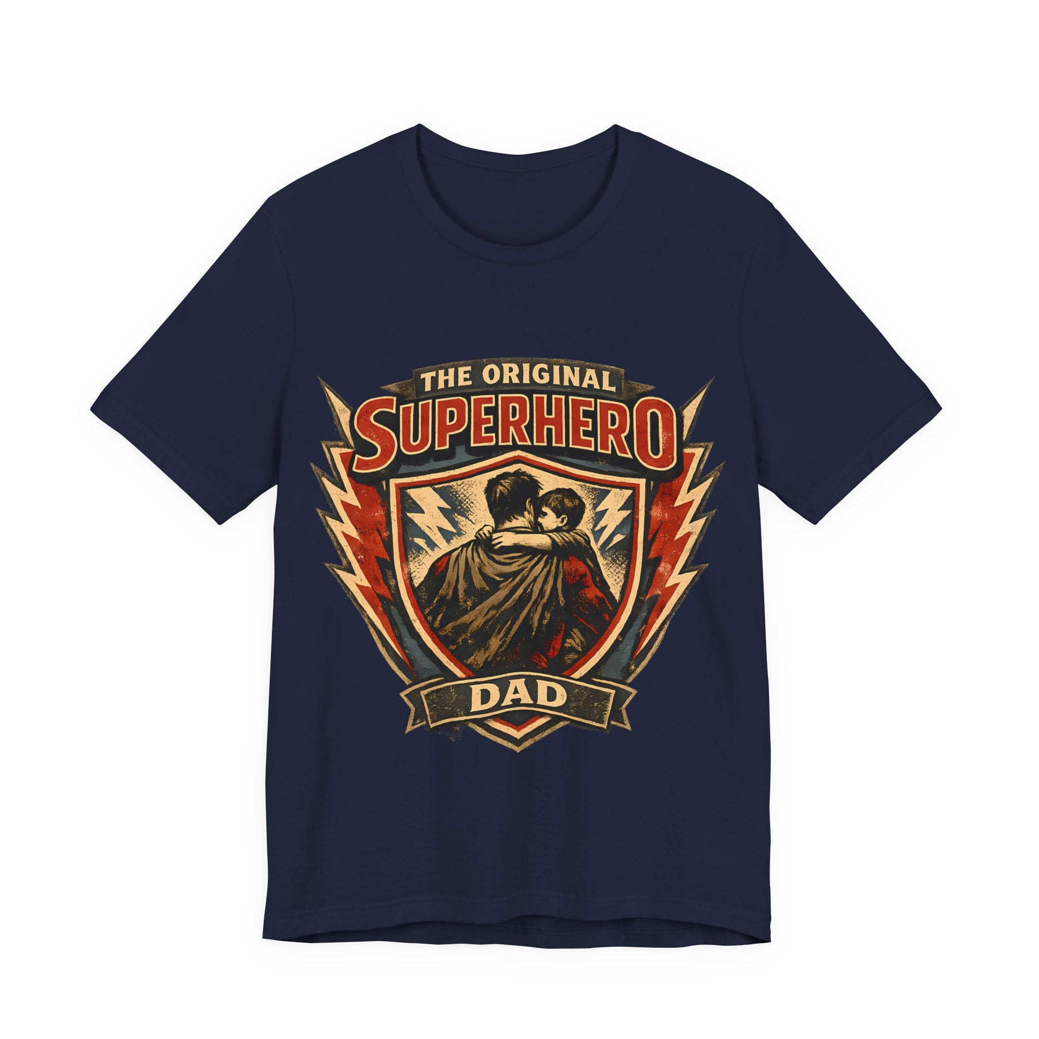 Navy blue t-shirt with 'The Original Superhero Dad' graphic design.
