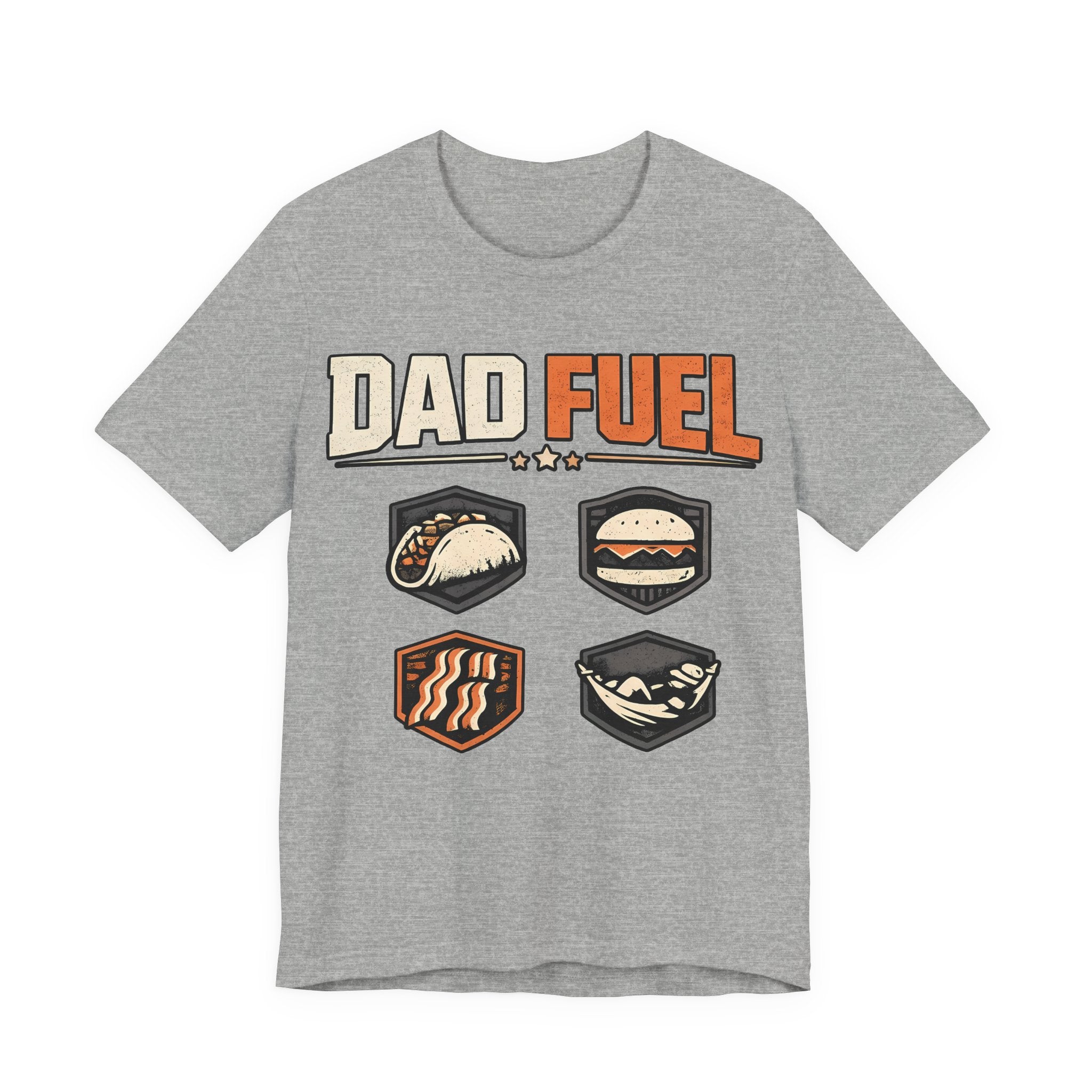 Athletic heather t-shirt with 'Dad Fuel' graphic design featuring food icons on a white background