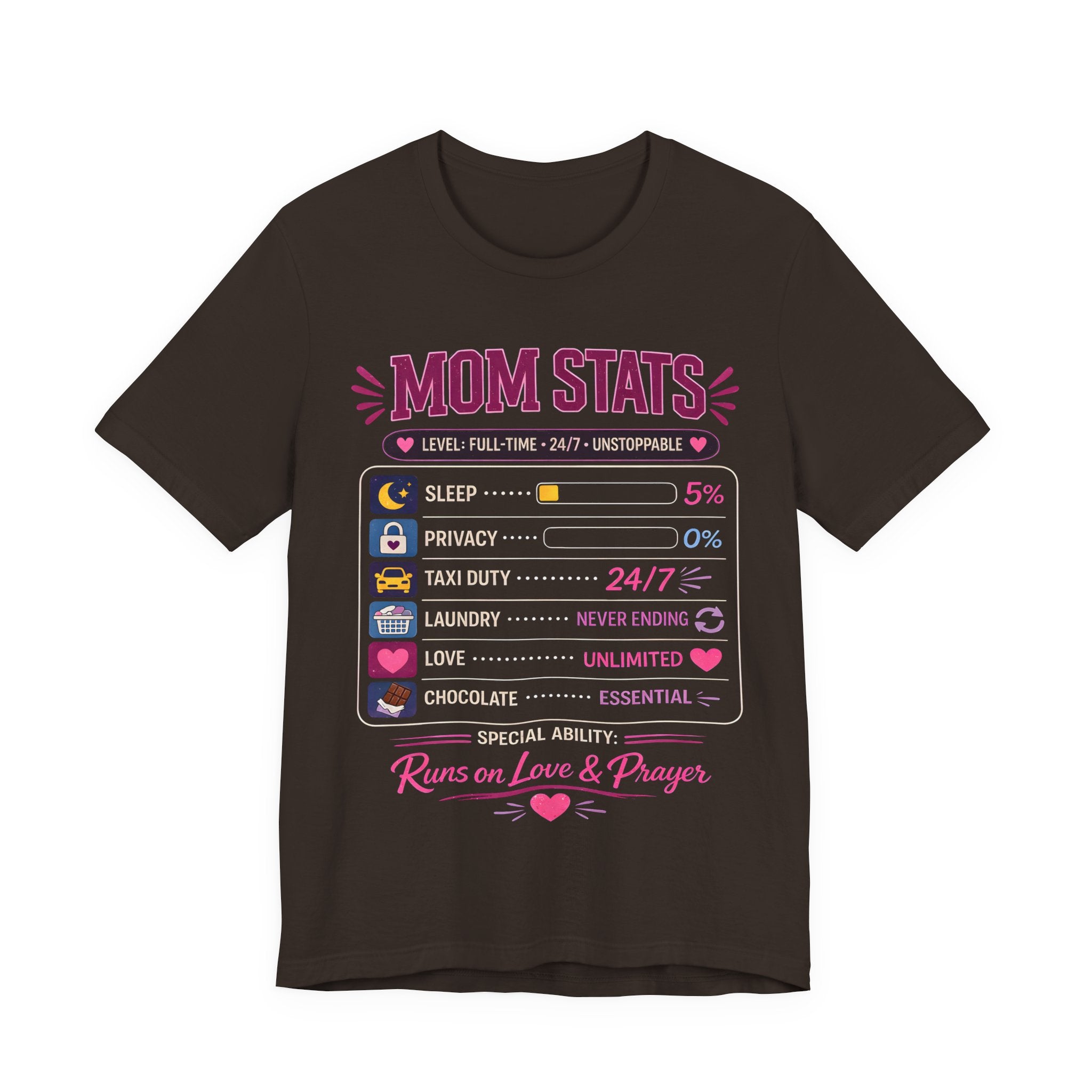 Brown t-shirt with a graphic design and text on a white background