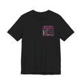 Black t-shirt with colorful graphic design on a white background
