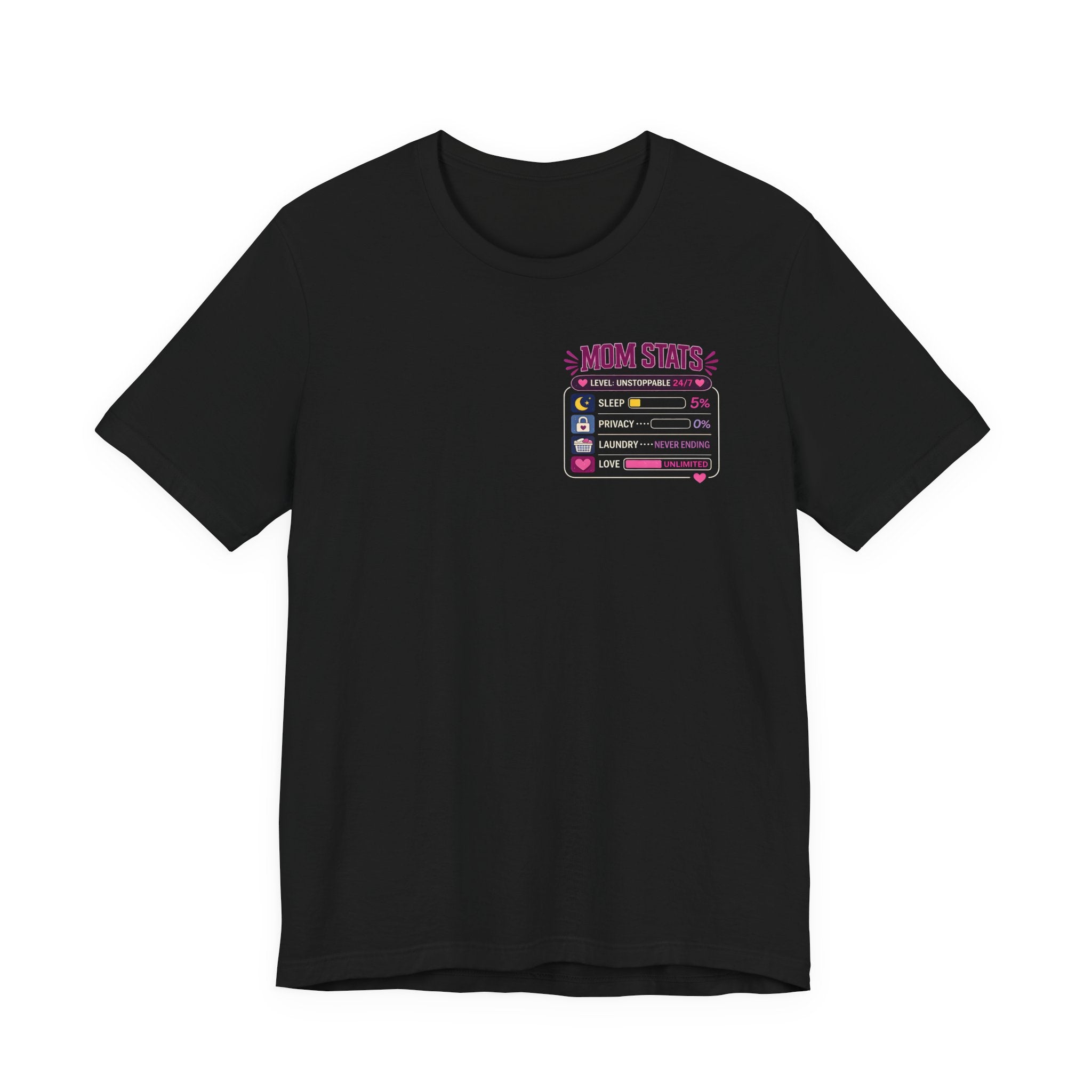 Black t-shirt with colorful graphic design on a white background