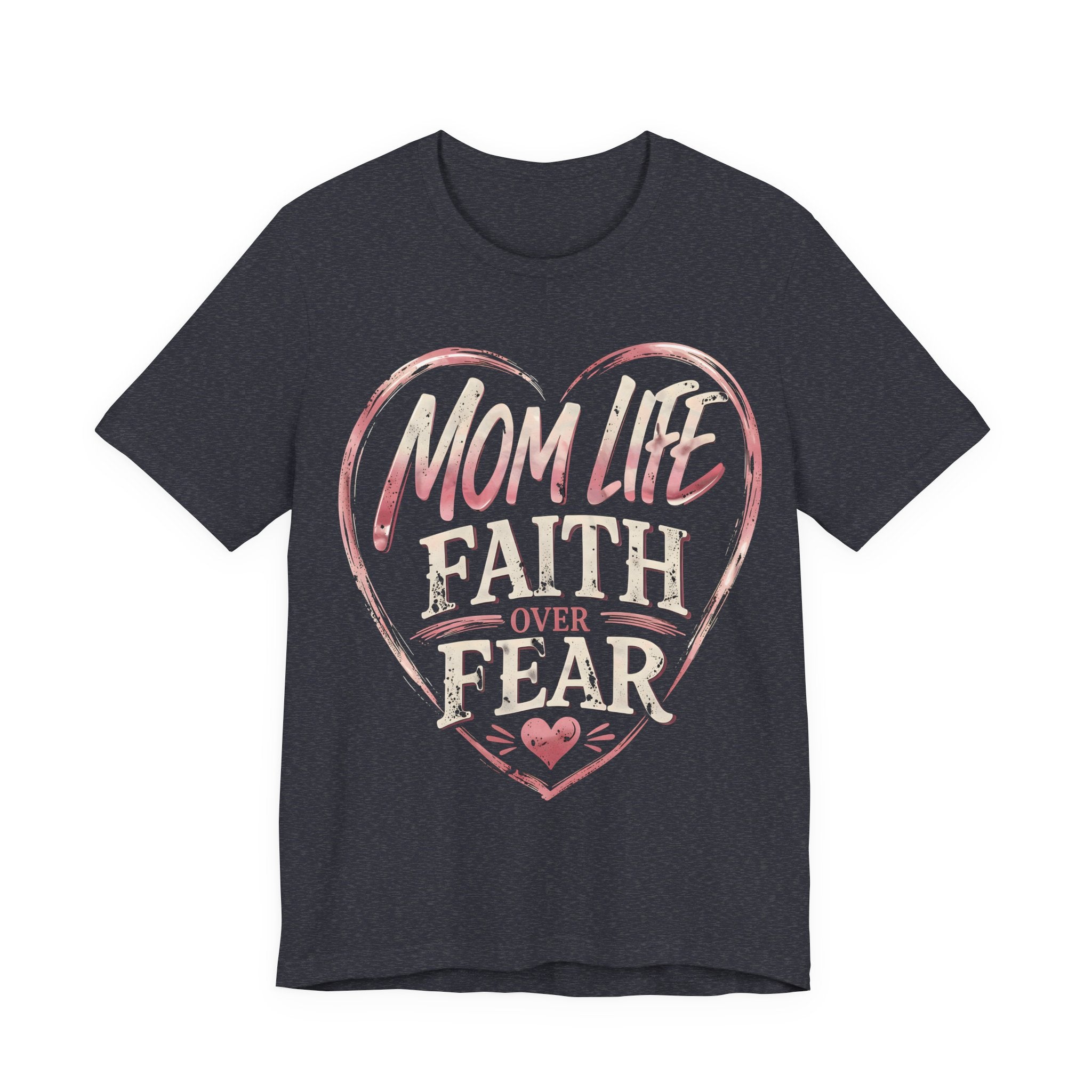 Heather Navy t-shirt with pink heart design and text 'Mom Life Faith Over Fear' on a white background