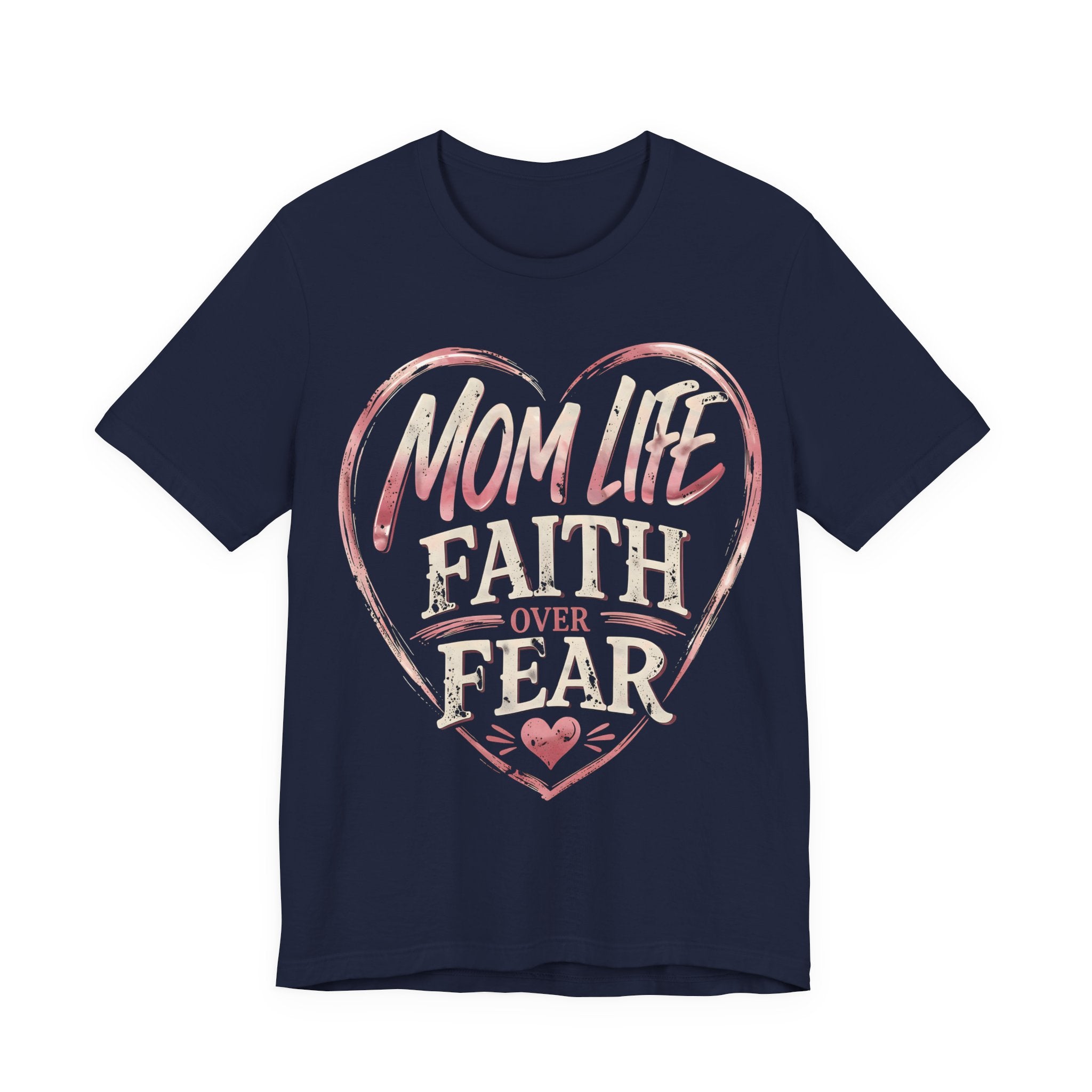 Navy t-shirt with pink heart design and text 'Mom Life Faith Over Fear' on a white background