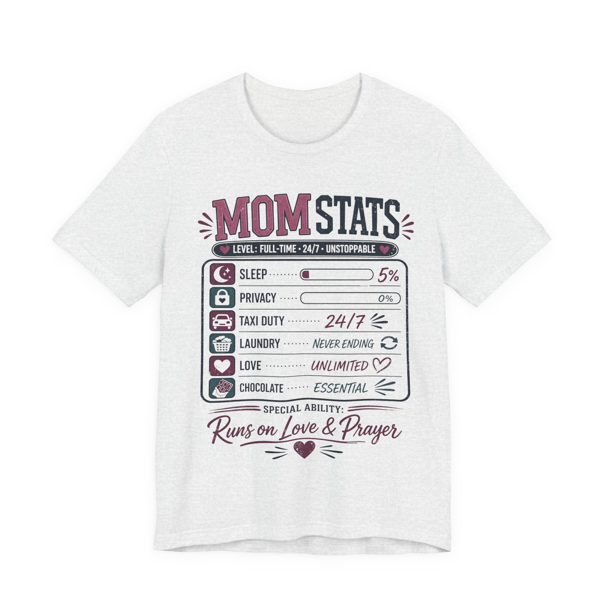 Ash t-shirt with 'Mom Stats' graphic design.