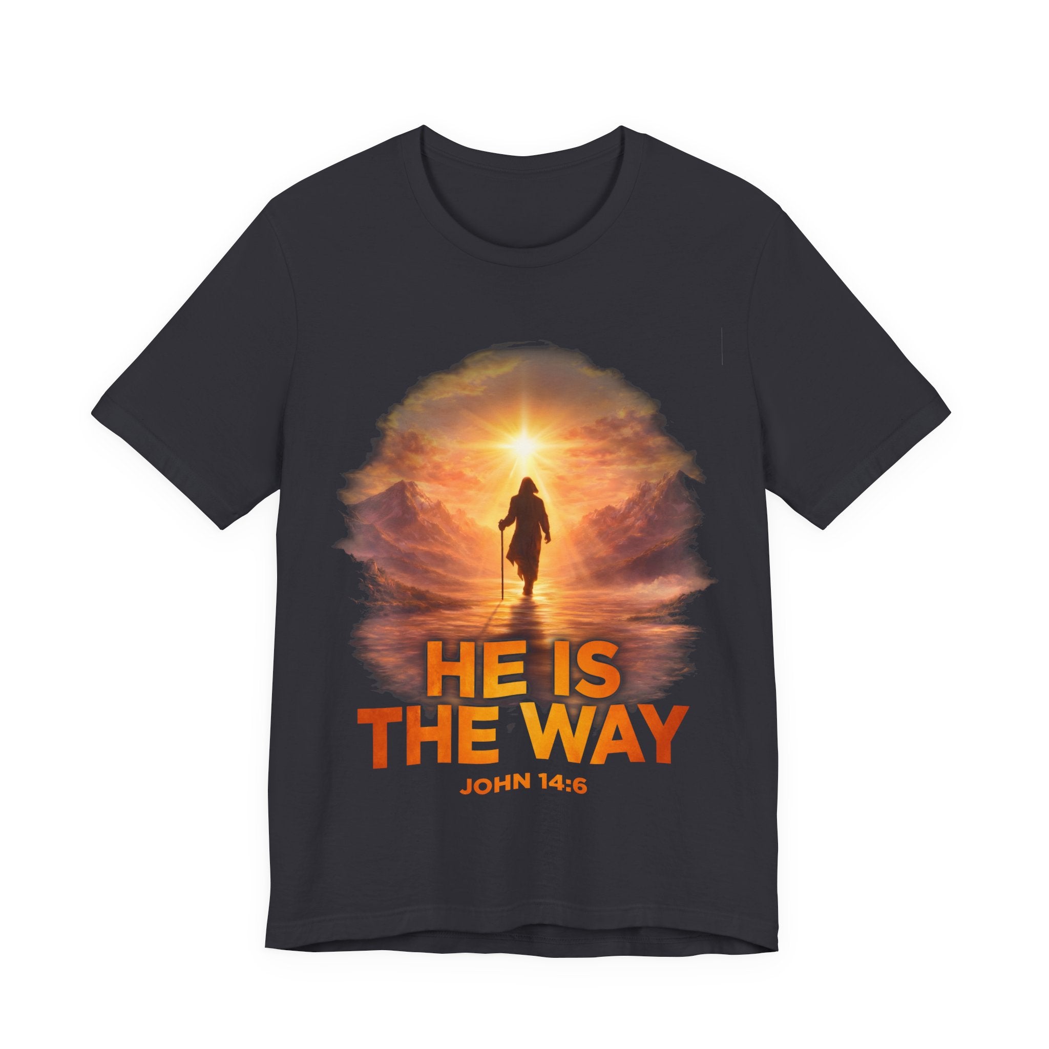 Dark Grey t-shirt with a religious design featuring a person walking towards a light, with 'He is the Way' text.