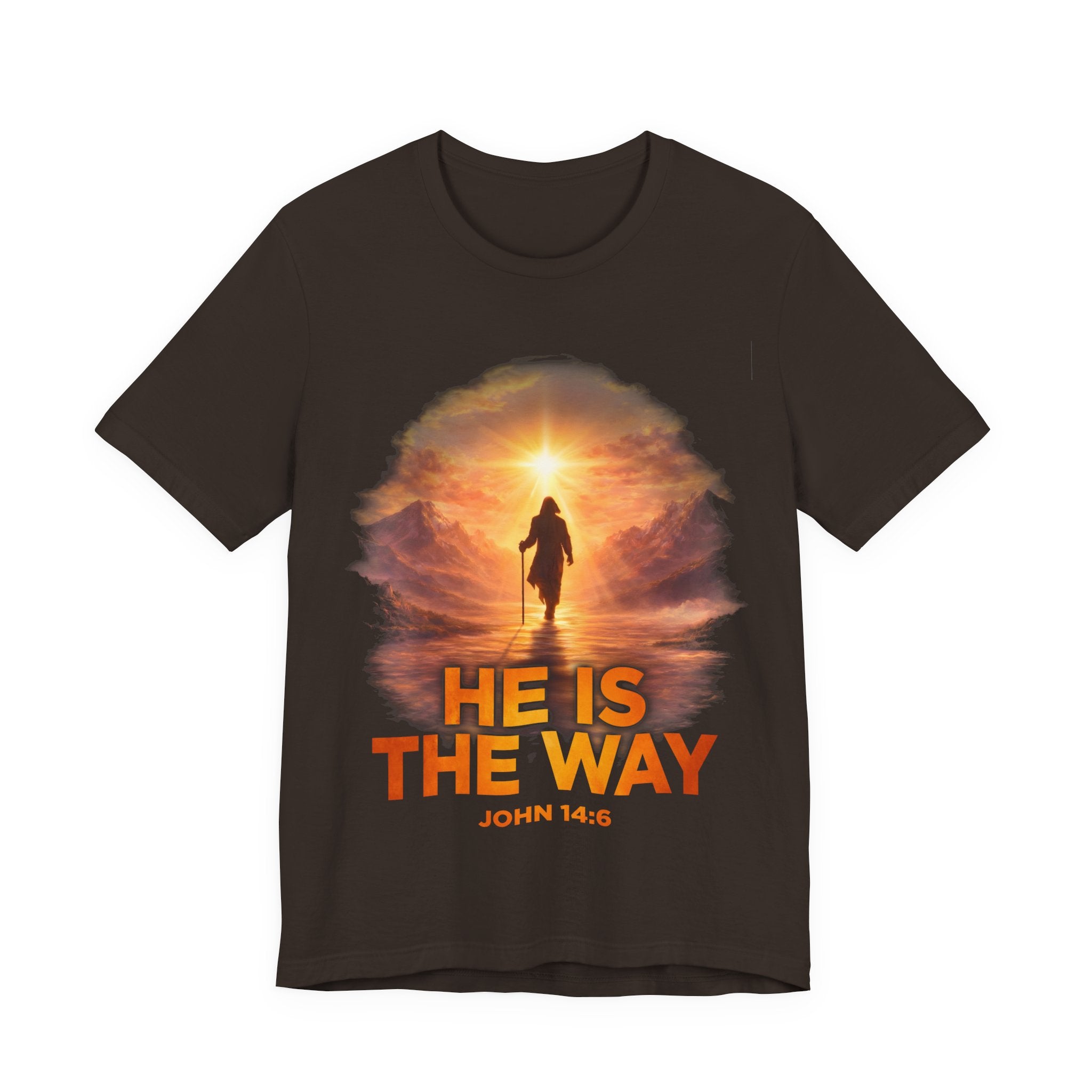 Dark Brown t-shirt with a religious design featuring a person walking towards a light, with 'He is the Way' text.