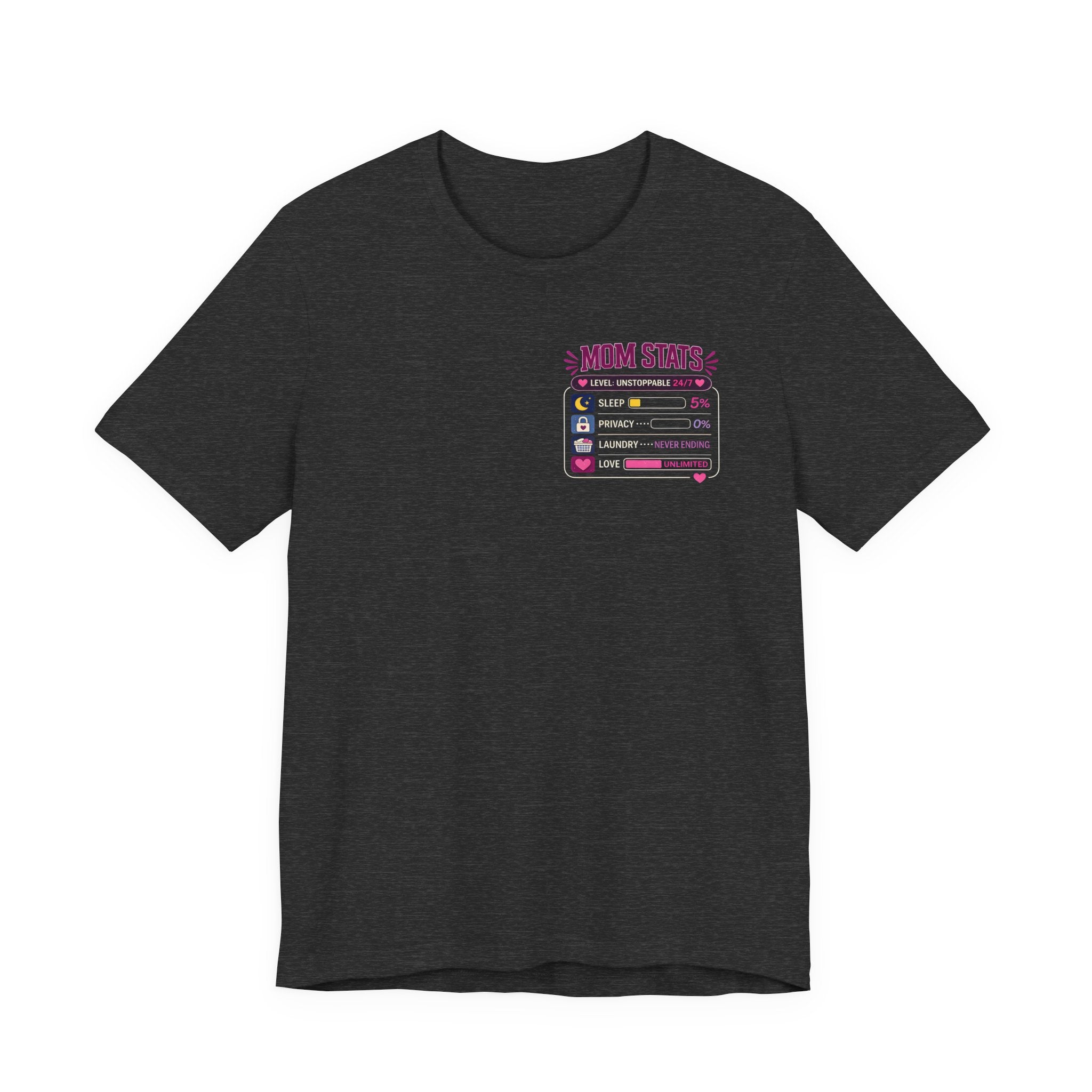 Dark Grey Heather t-shirt with colorful graphic design on a white background