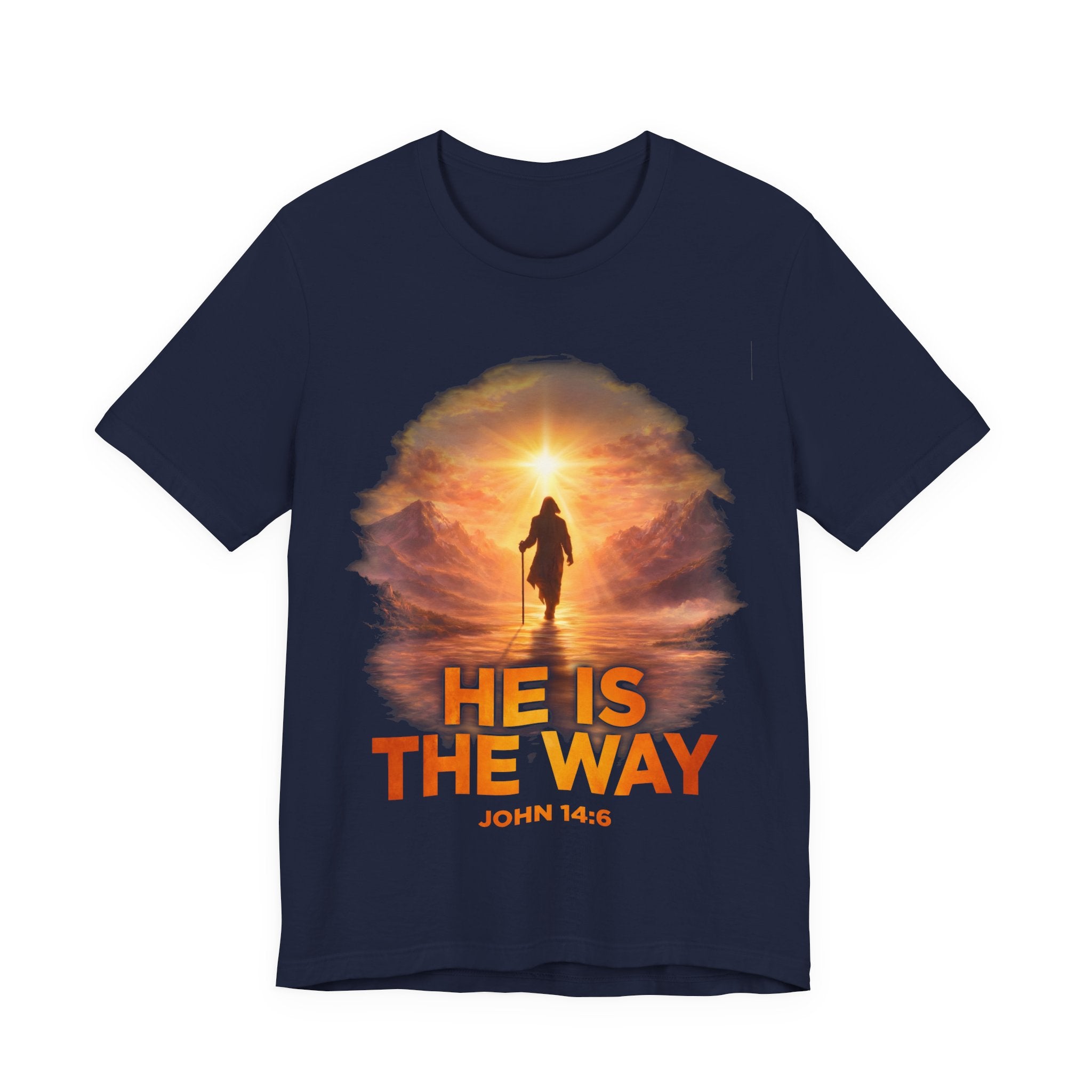 Navy t-shirt with a religious design featuring a person walking towards a light, with 'He is the Way' text.