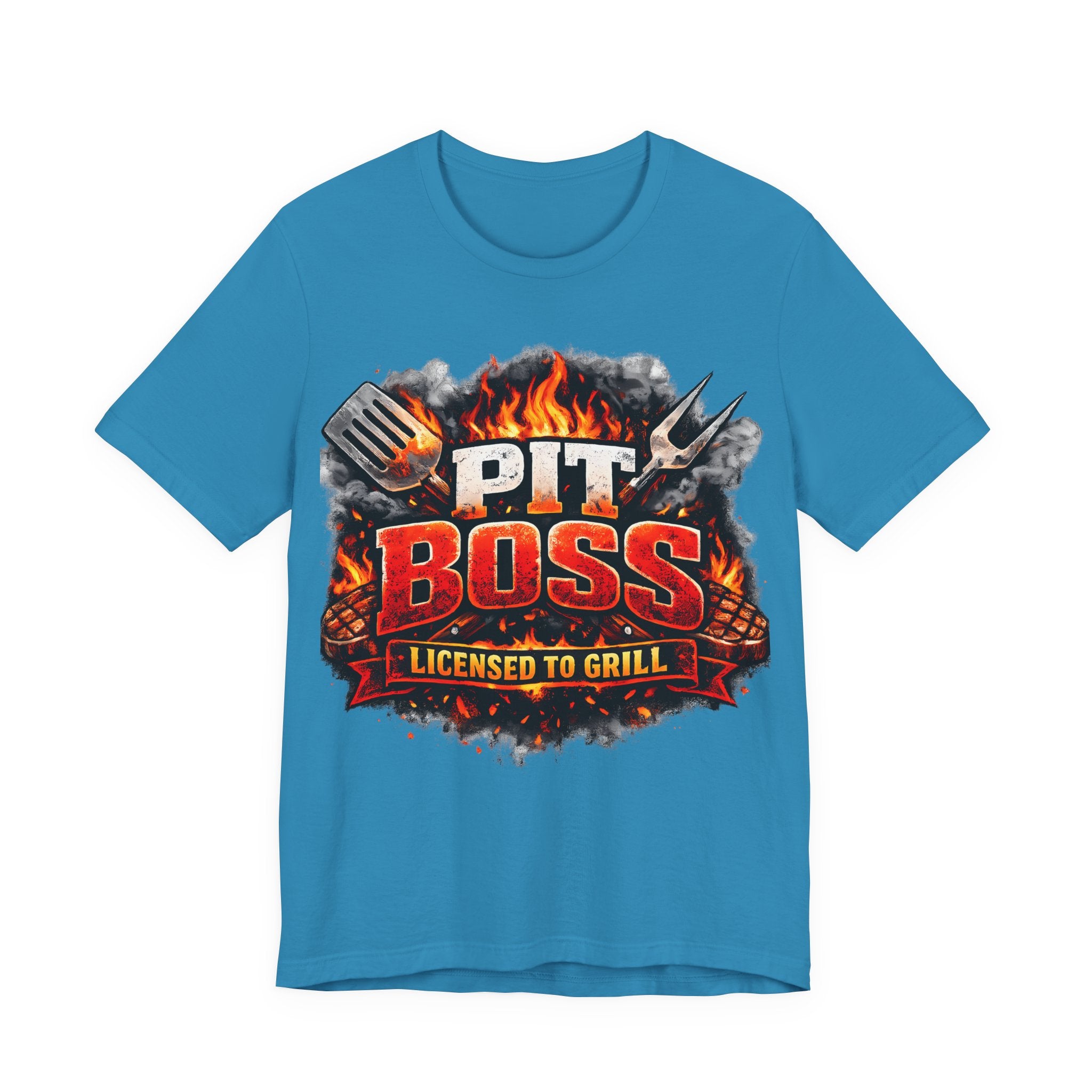 Aqua Blue t-shirt with 'Pit Boss Licensed to Grill' graphic on a white background