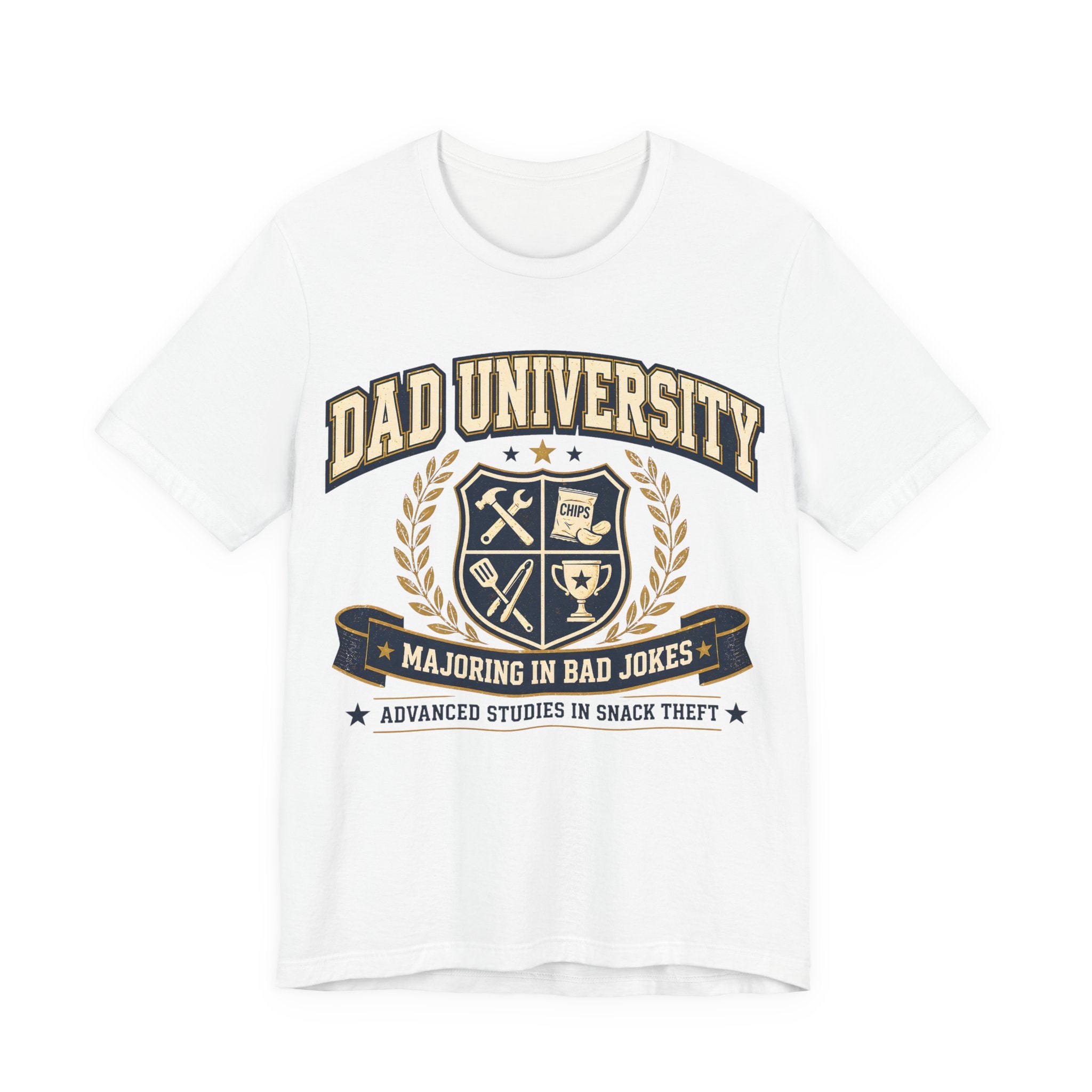White t-shirt with 'Dad University' graphic design.