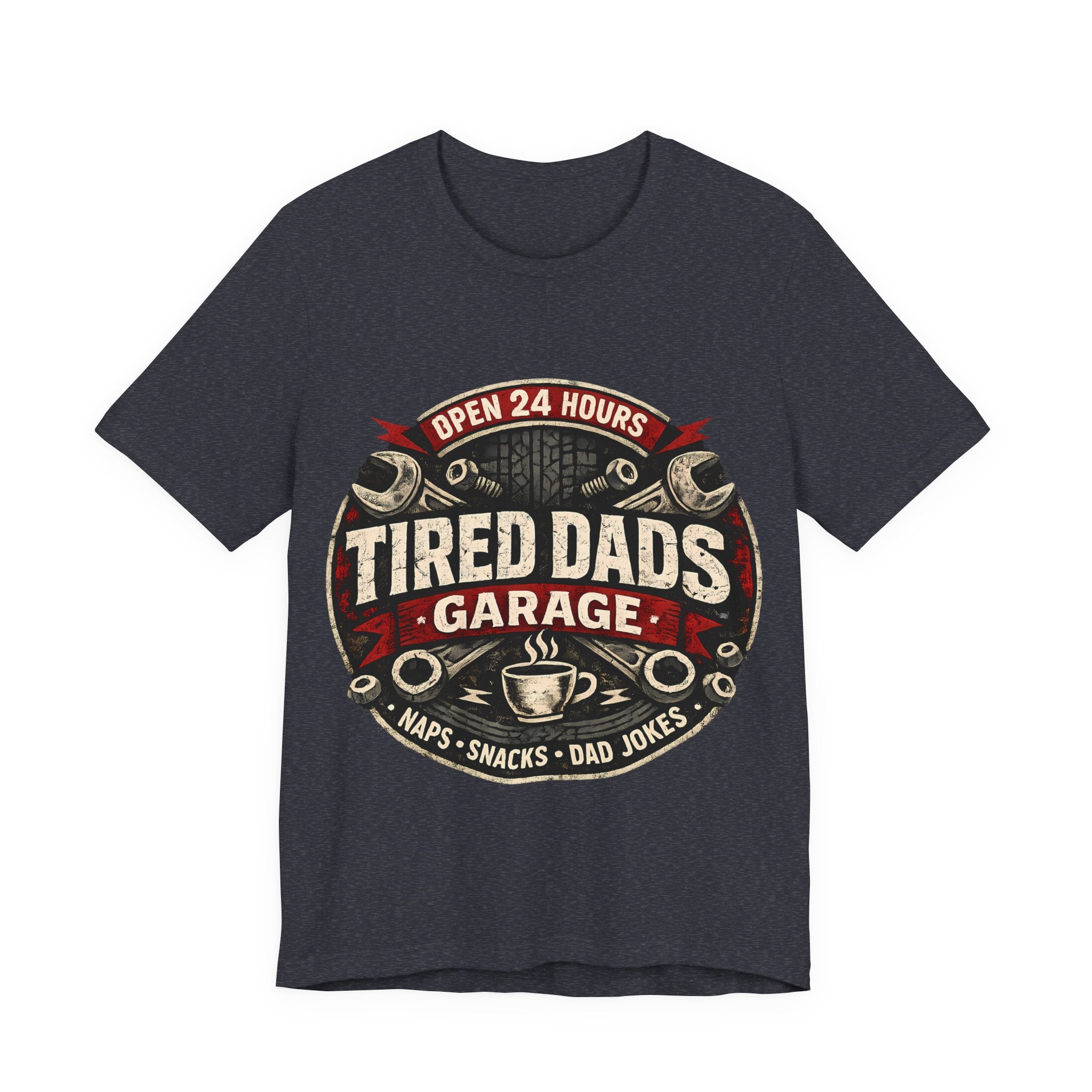 Heather Navy t-shirt with 'Tired Dads Garage' graphic design.