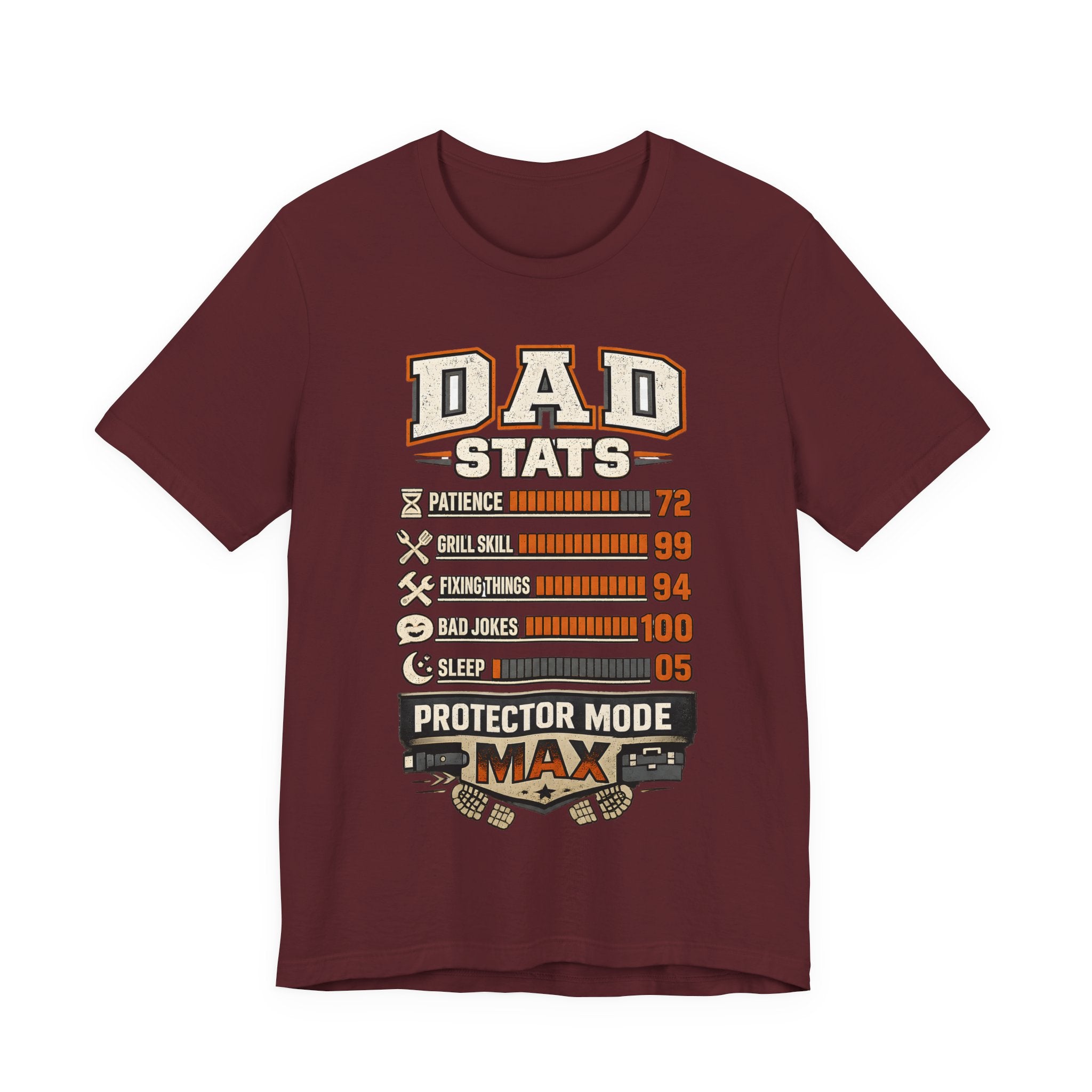 Maroon t-shirt with 'Dad Stats' graphic design.