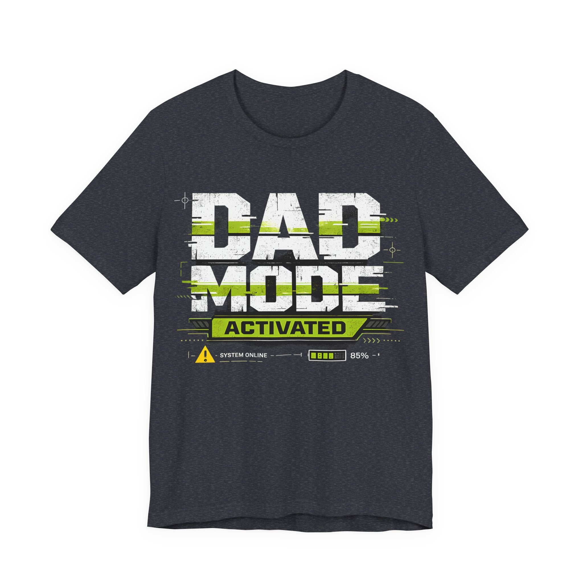 Heather Navy t-shirt with 'Dad Mode Activated' text design on a white background