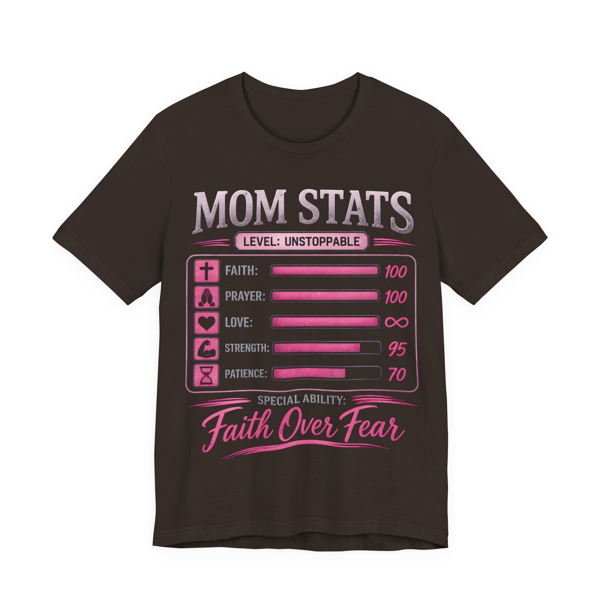 Brown t-shirt with 'Mom Stats' graphic design on a white background