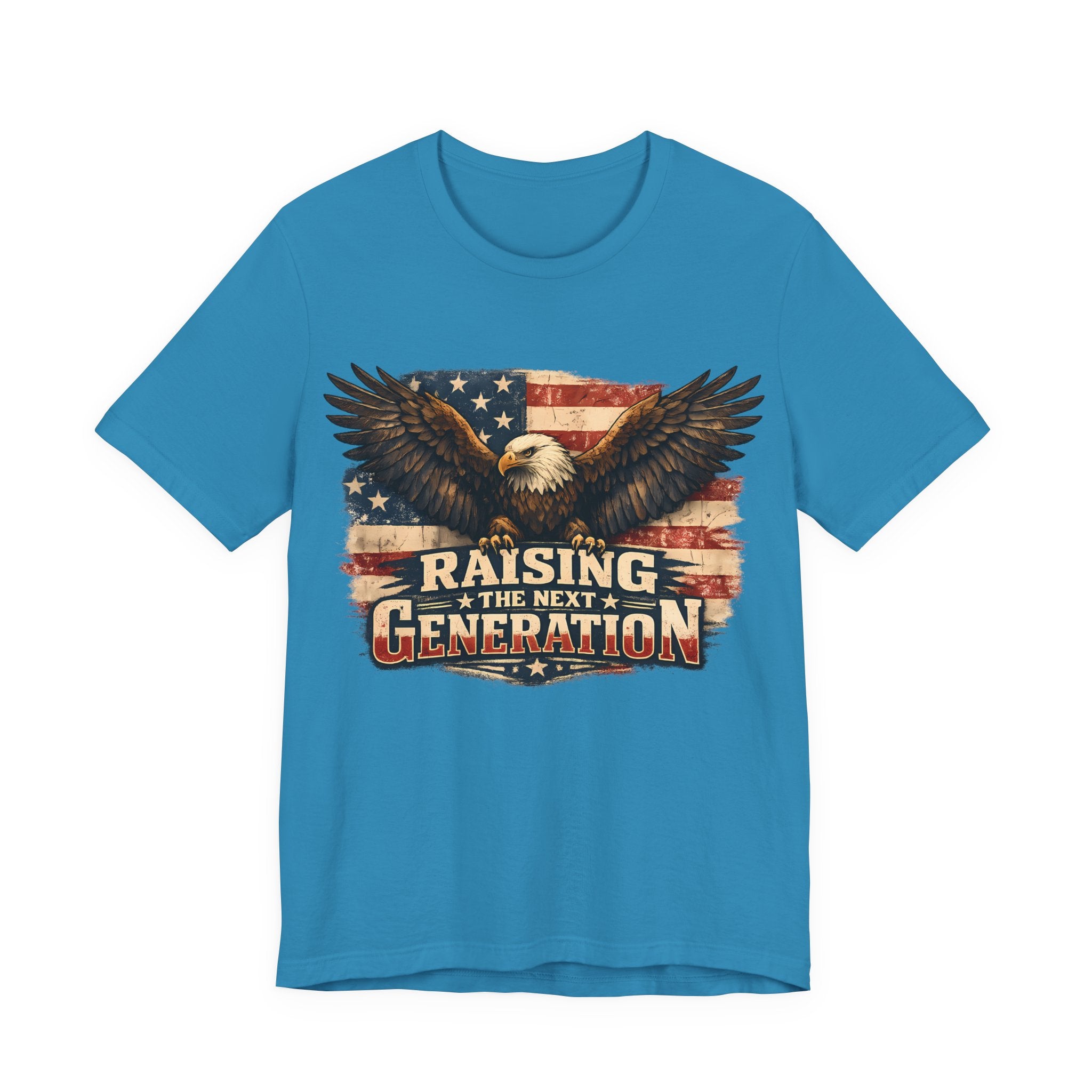 Aqua t-shirt with an eagle and American flag graphic on a white background