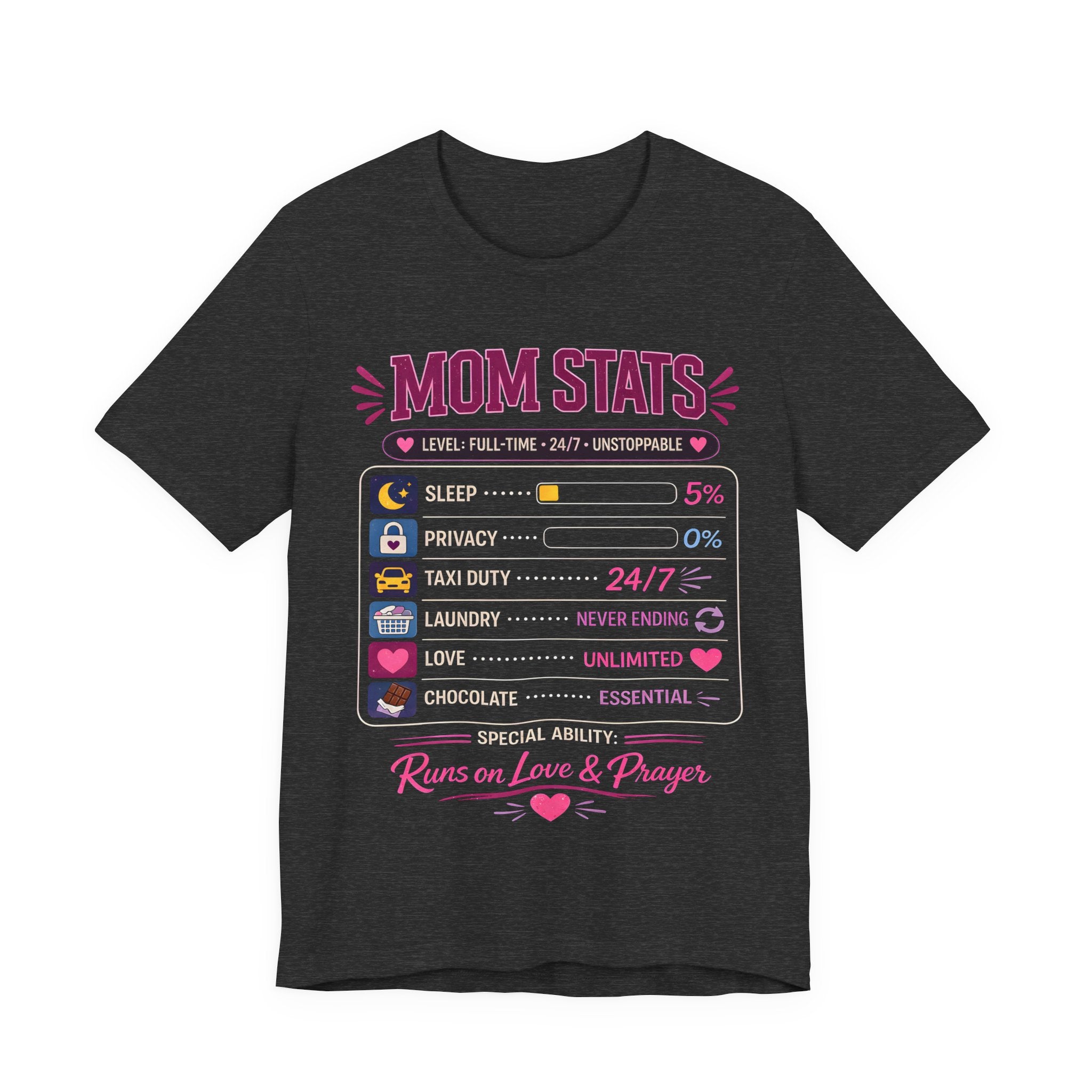 Dark Grey Heather t-shirt with a graphic design and text on a white background