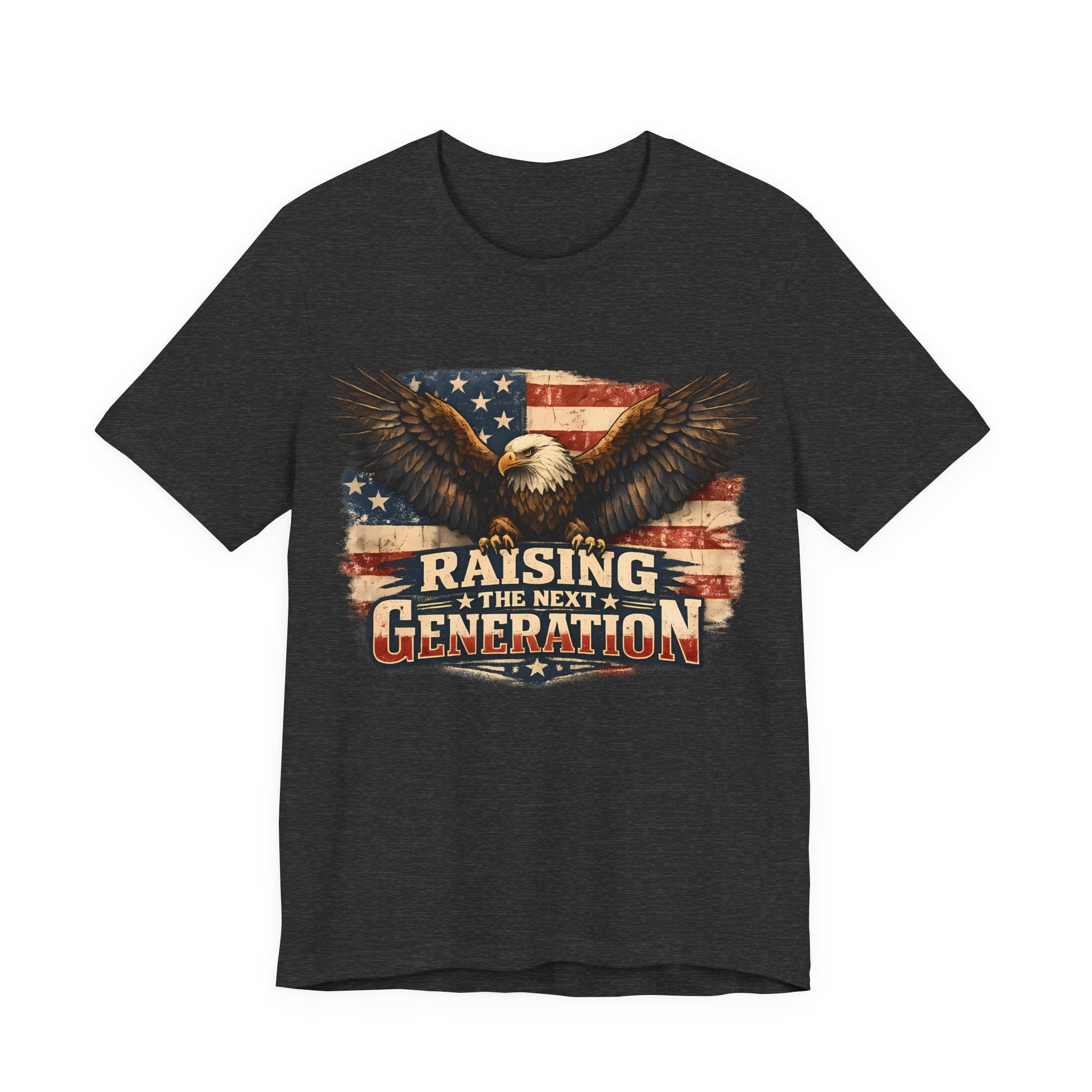 Dark grey heather t-shirt with an eagle and American flag design on a white background