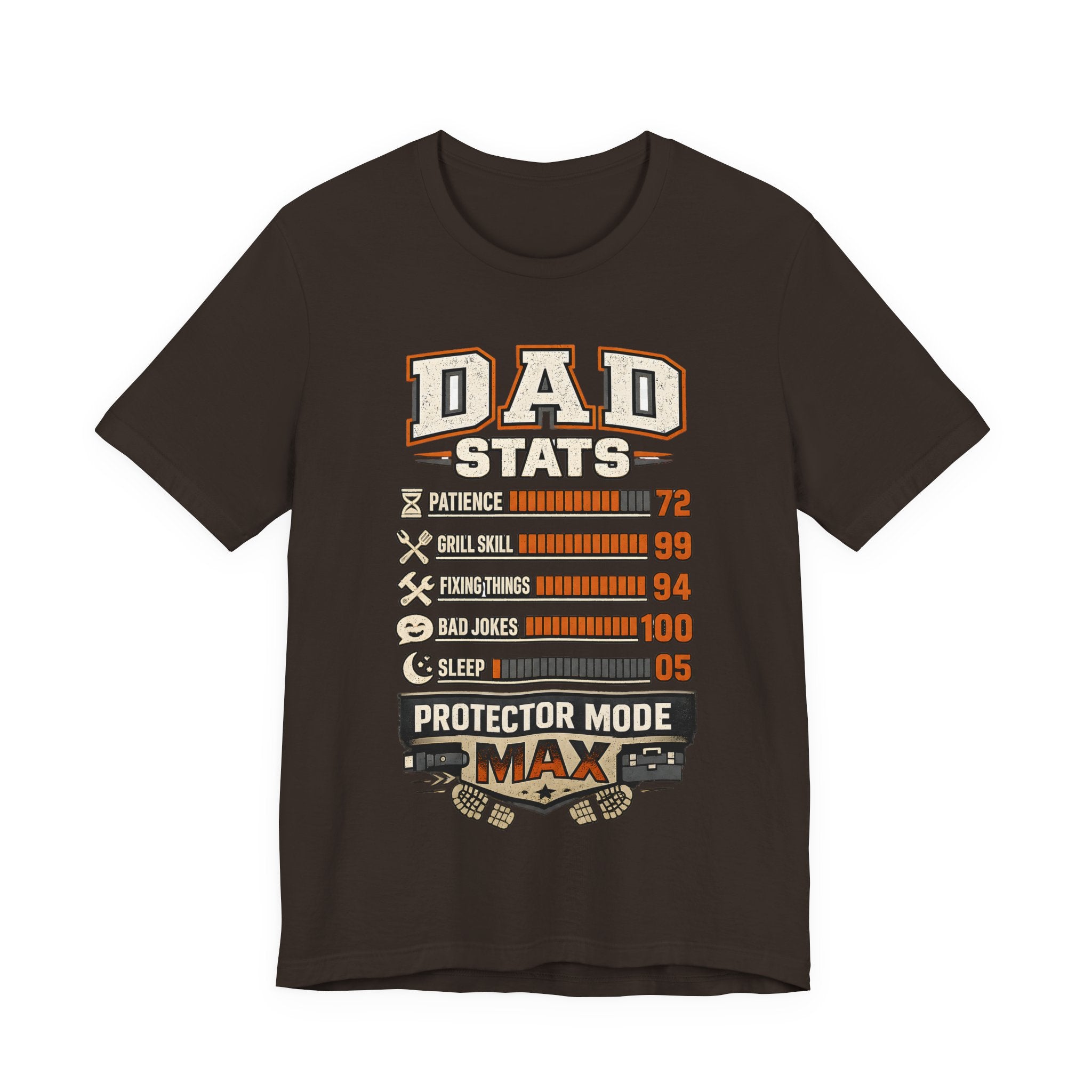 Brown t-shirt with 'Dad Stats' graphic design.