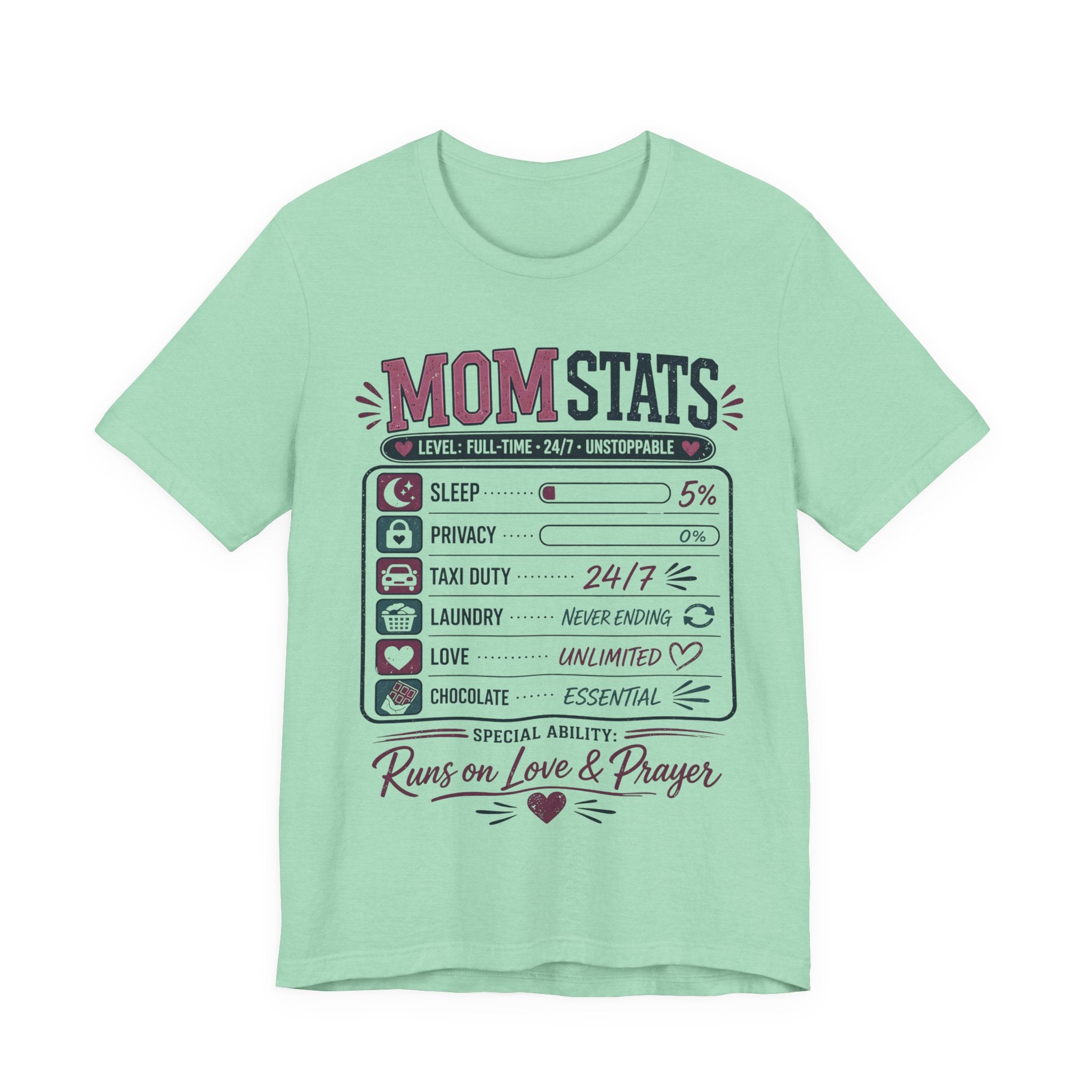 heather mint t-shirt with 'Mom Stats' graphic design.