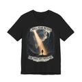 Black t-shirt with a graphic design and text on a white background