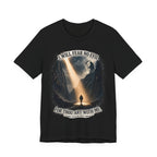 Black t-shirt with a graphic design and text on a white background