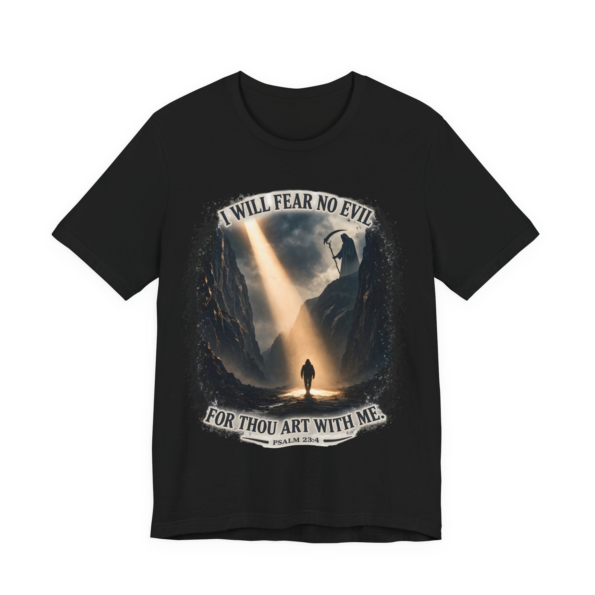 Black t-shirt with a graphic design and text on a white background