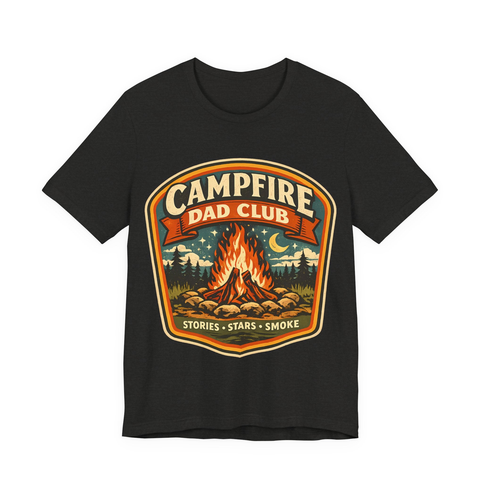 Black Heather t-shirt with 'Campfire Dad Club' graphic design featuring a campfire and nature elements.