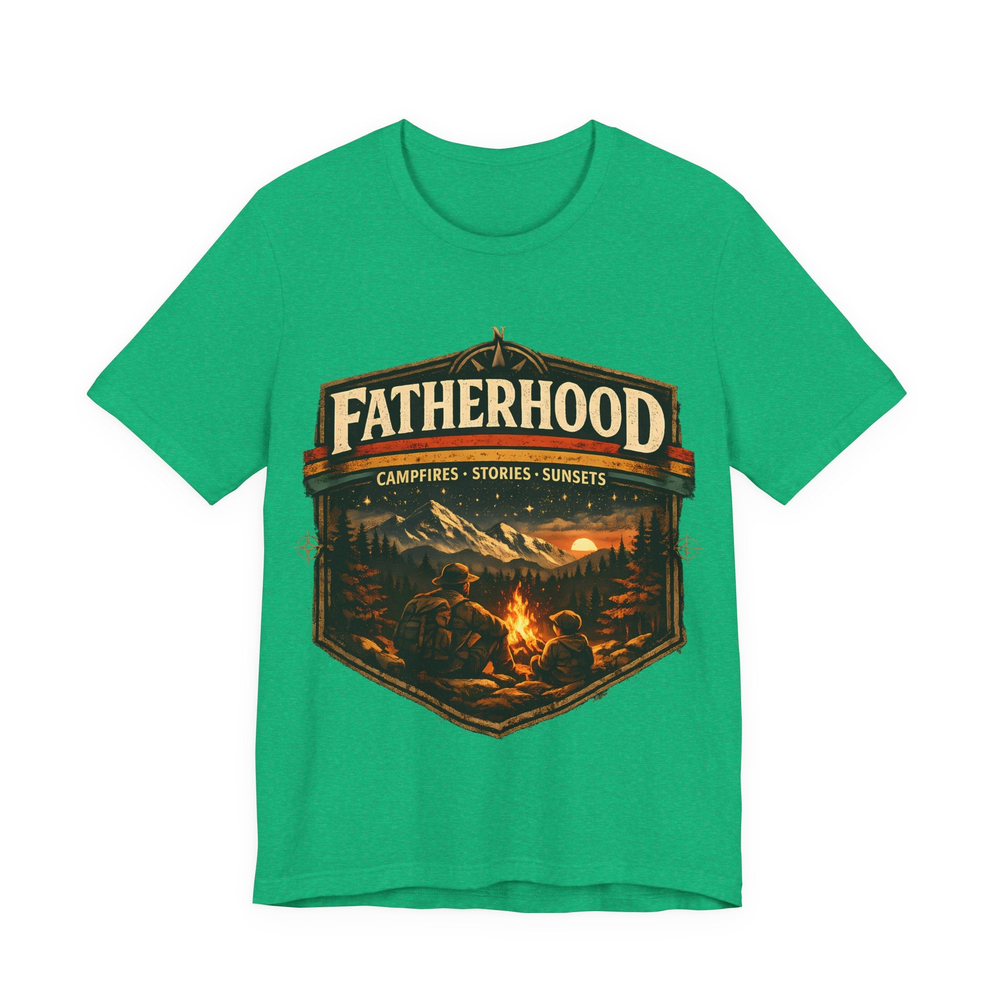 Heather Kelly t-shirt with 'Fatherhood' graphic design featuring a campfire scene