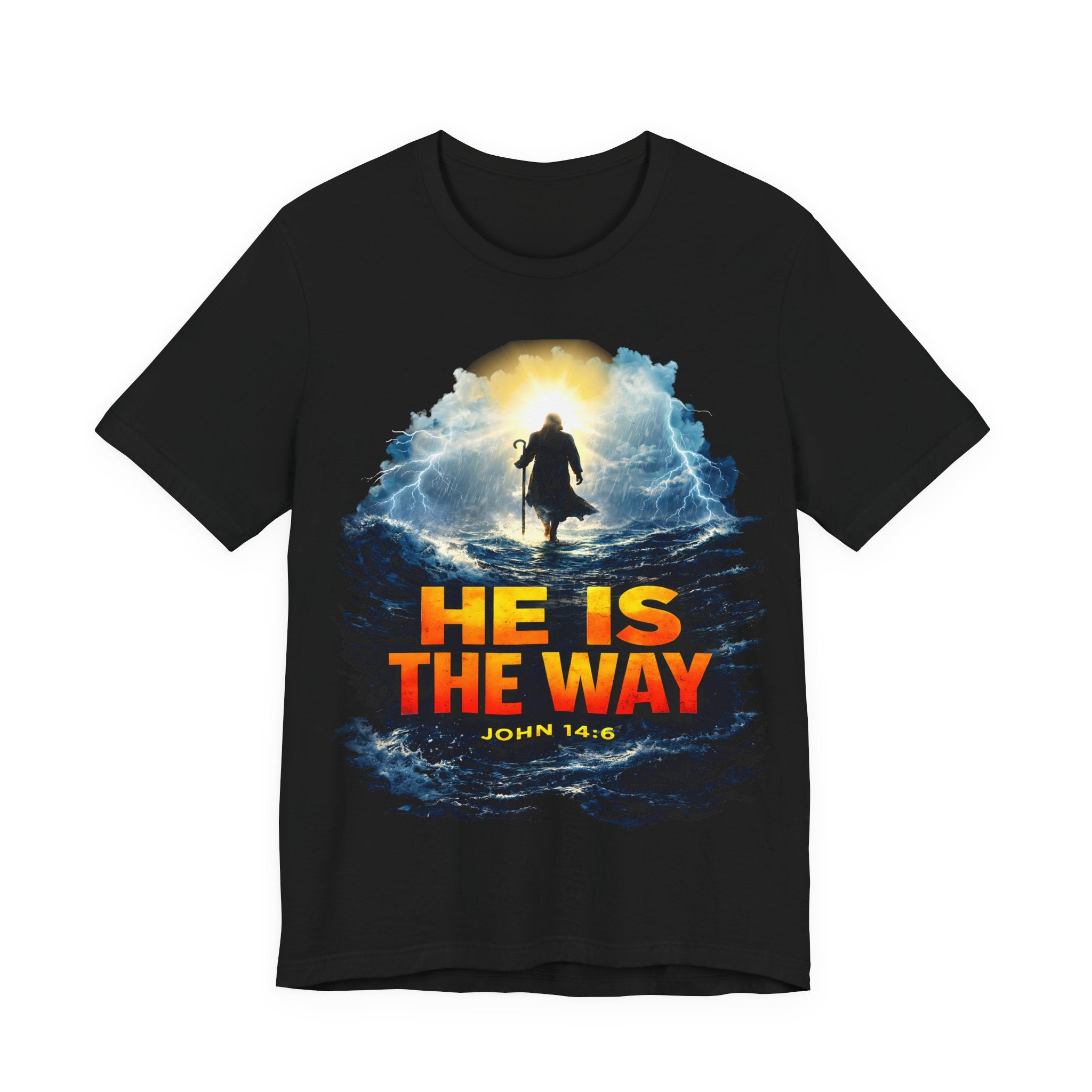 Black t-shirt with a religious design featuring a silhouette and 'He is the Way' text on a white background