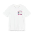 White t-shirt with 'Mom Stats' graphic on a white background