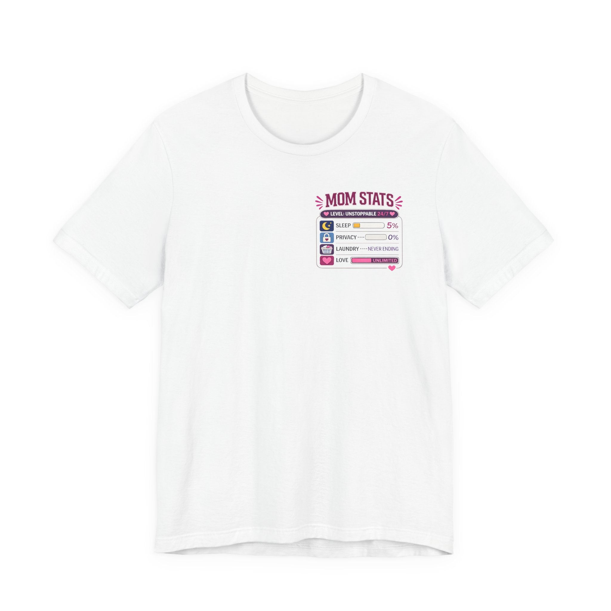 White t-shirt with 'Mom Stats' graphic on a white background