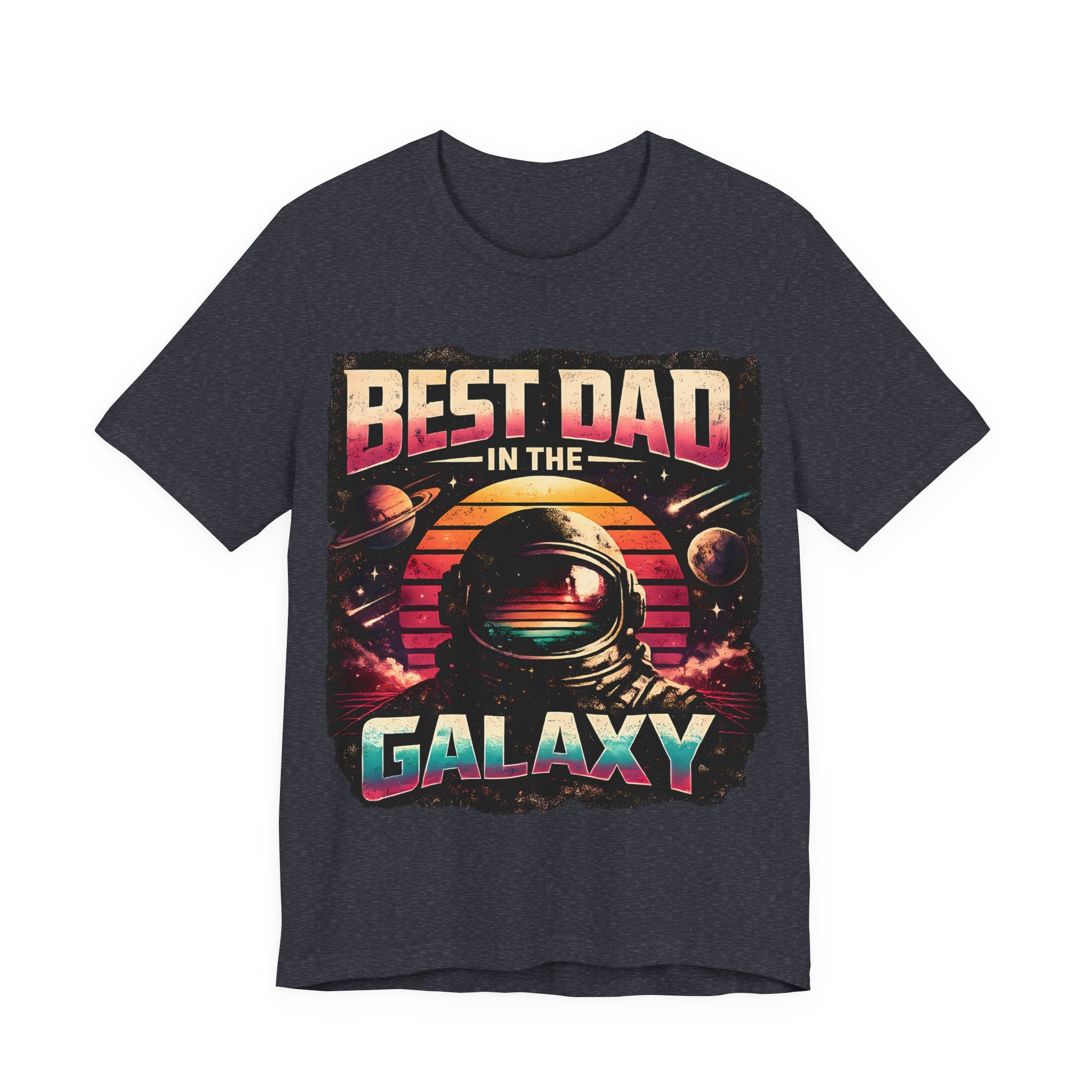 heather navy t-shirt with 'Best Dad in the Galaxy' graphic design on a white background
