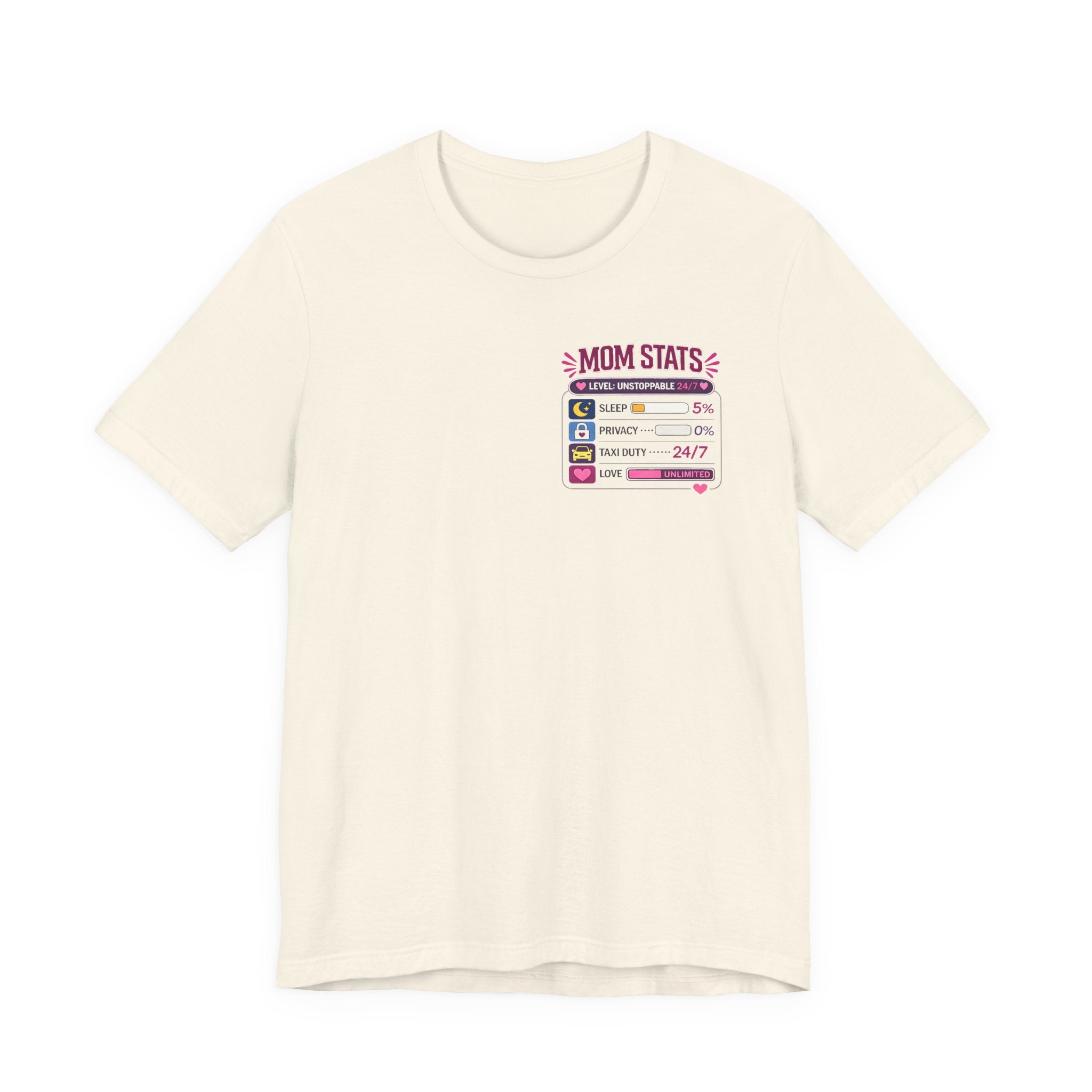 Natural t-shirt with 'Mom Stats' graphic on a white background