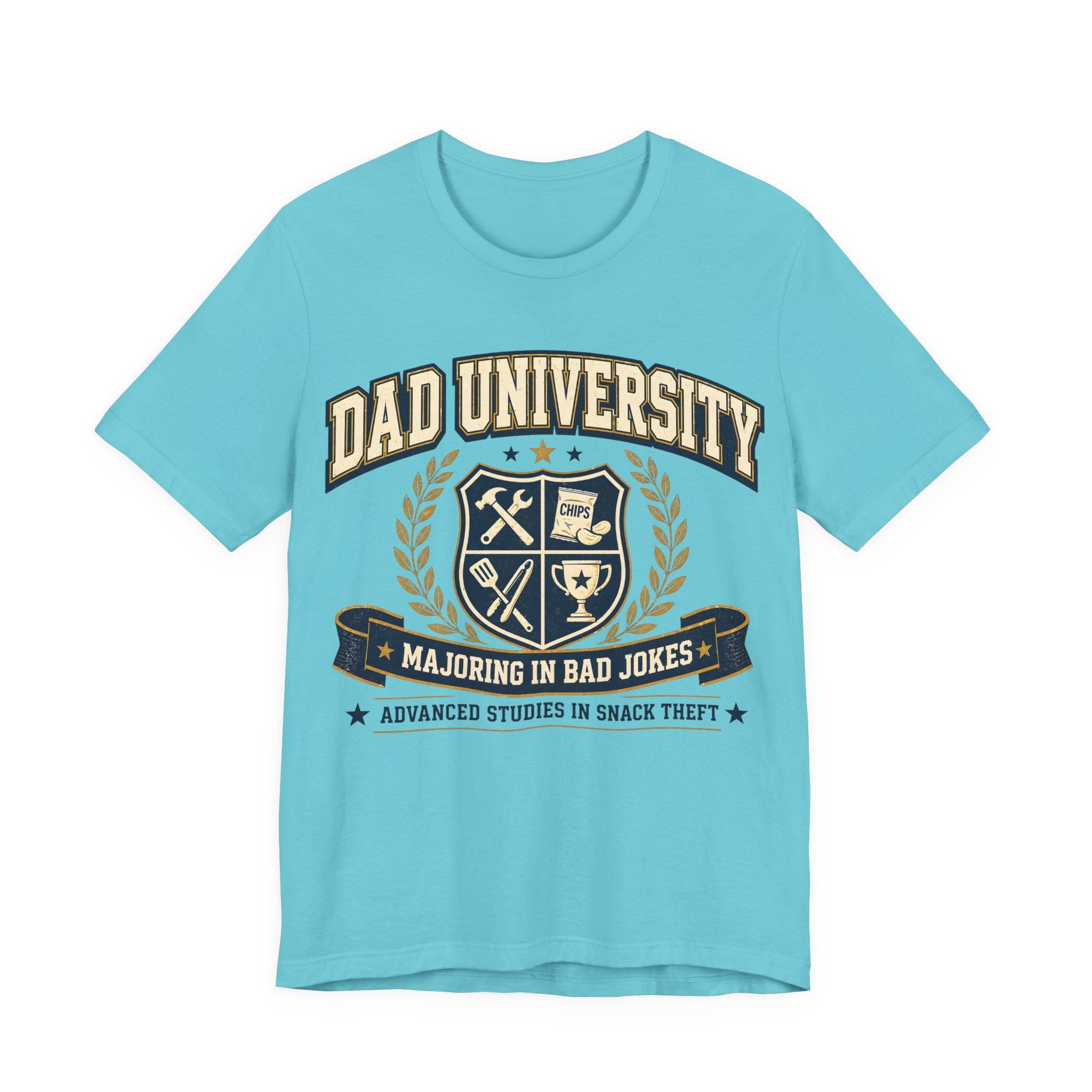 Turquoise blue t-shirt with 'Dad University' graphic design.