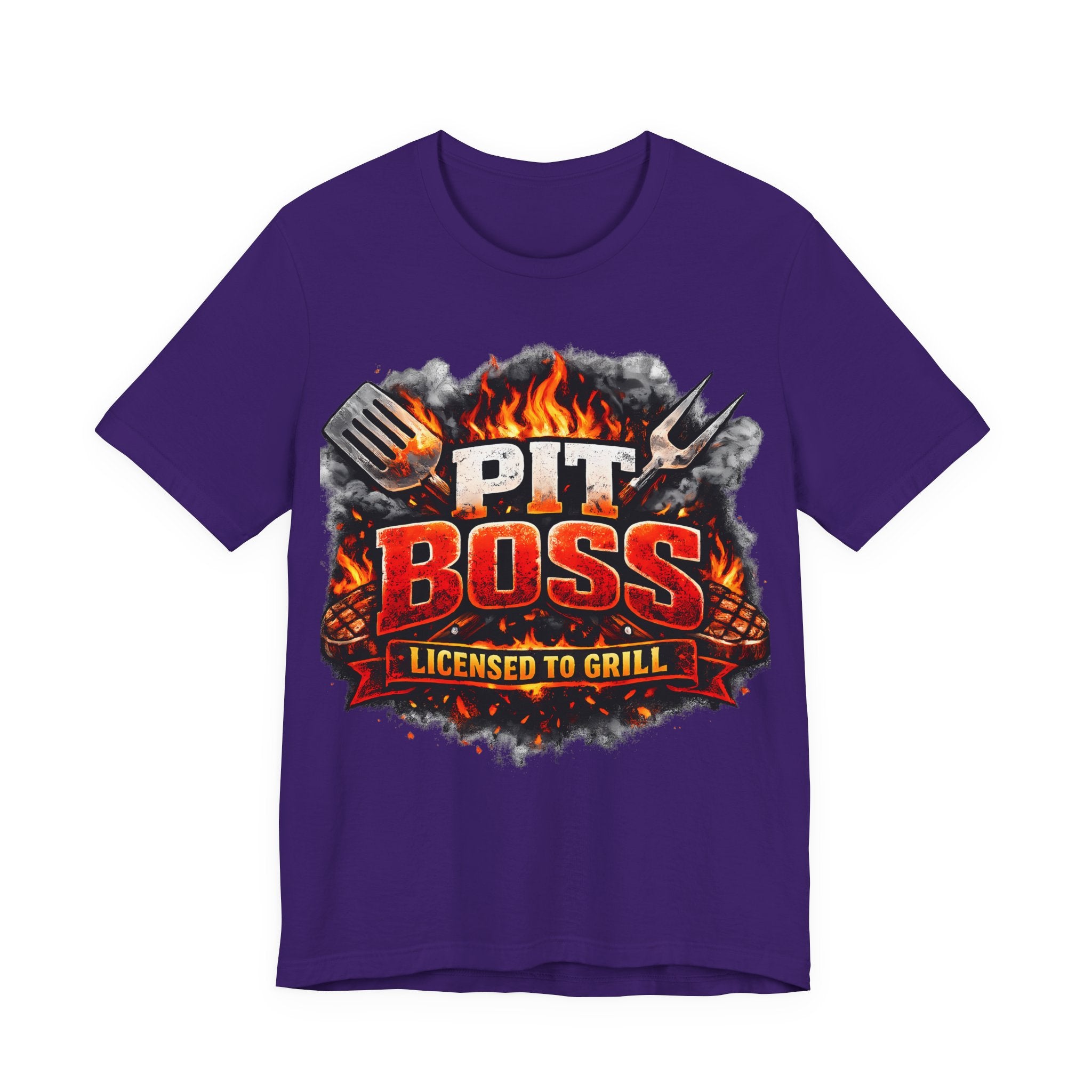 Purple t-shirt with 'Pit Boss Licensed to Grill' graphic on a white background