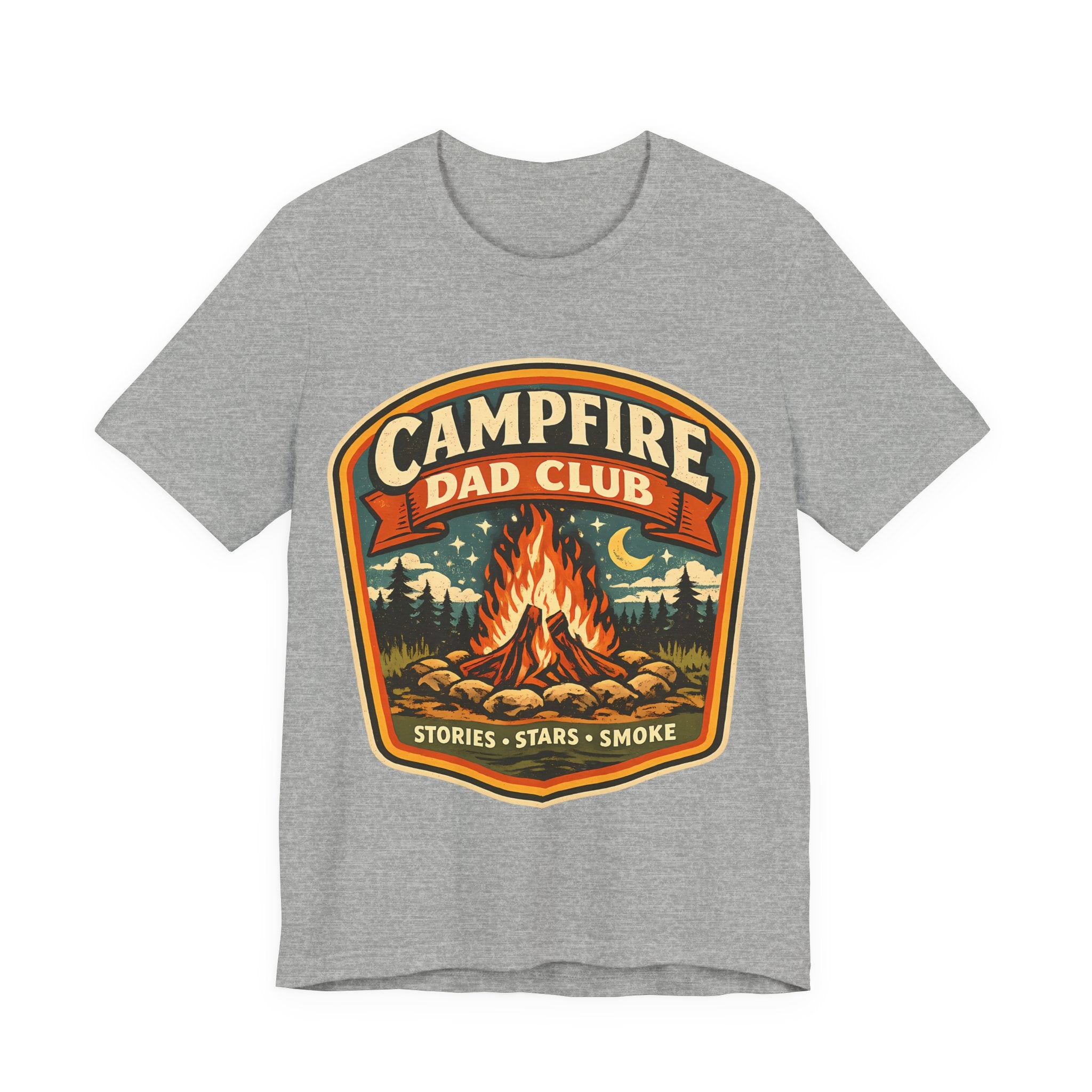 Athletic Heather t-shirt with 'Campfire Dad Club' graphic design featuring a campfire and nature elements.