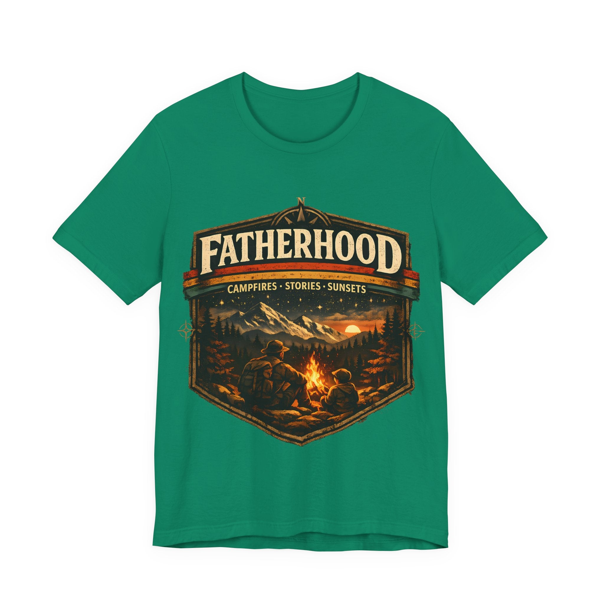 Kelly t-shirt with 'Fatherhood' graphic design featuring a campfire scene