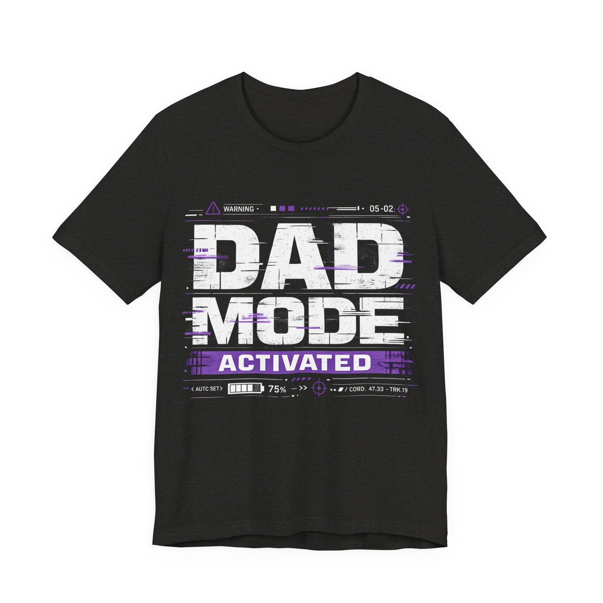 Black Heather t-shirt with 'Dad Mode Activated' text design.