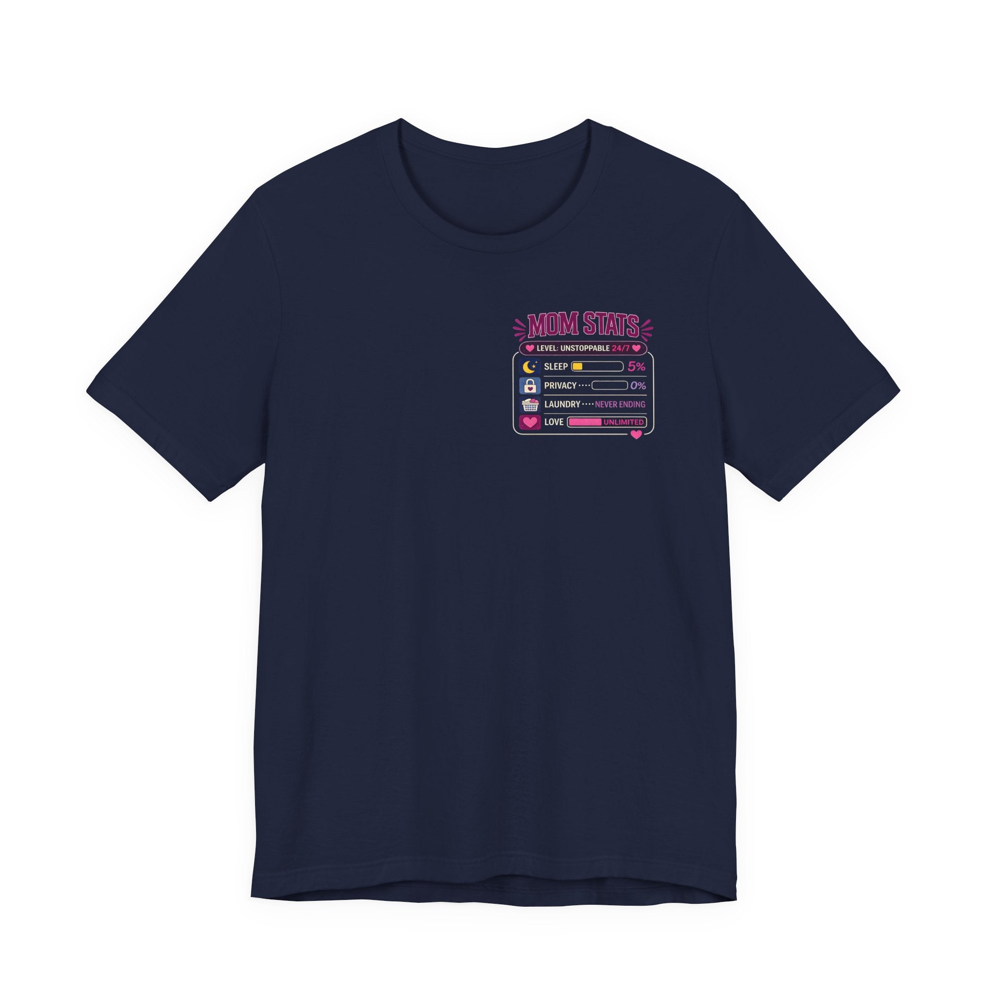Navy t-shirt with colorful graphic design on a white background