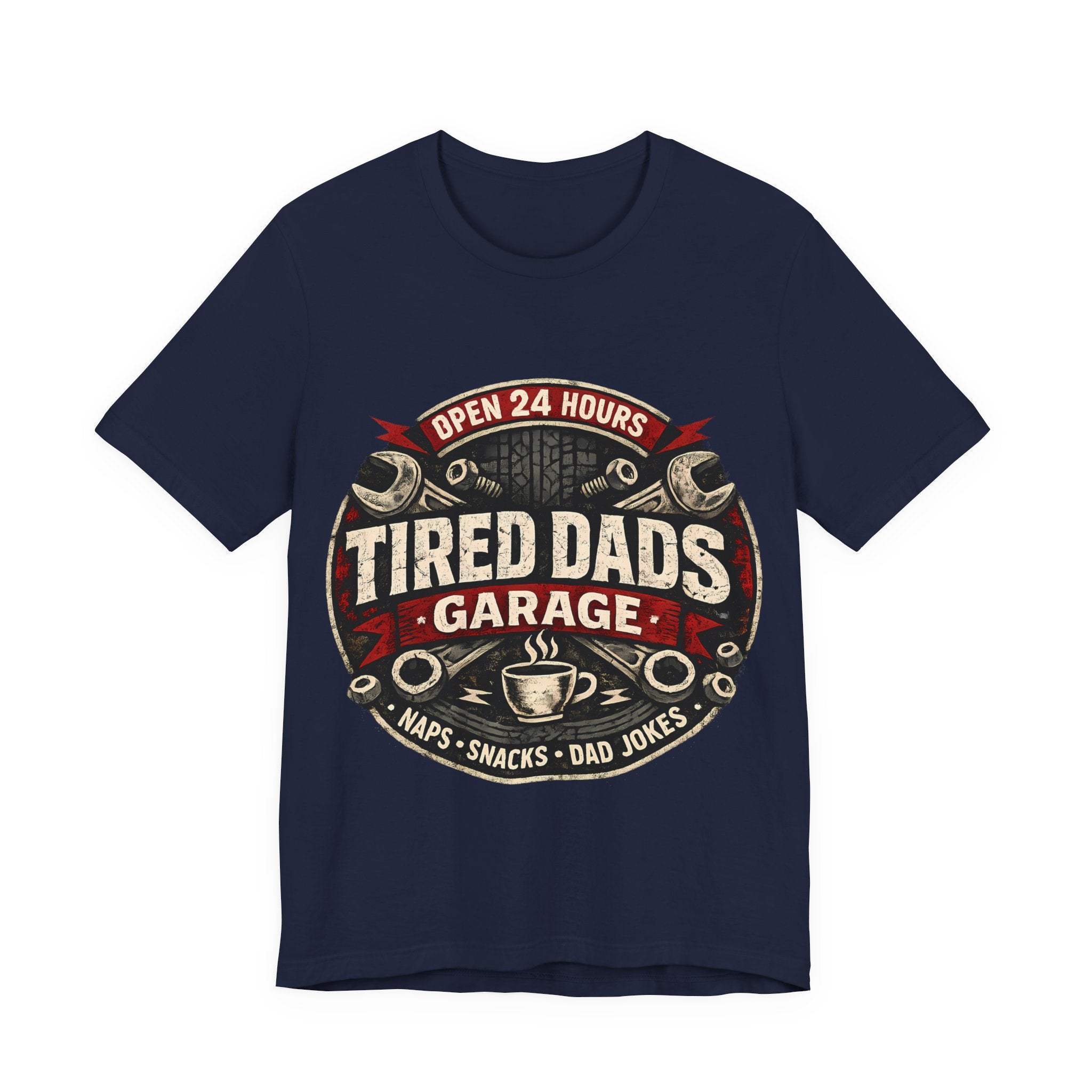 Navy blue t-shirt with 'Tired Dads Garage' graphic design.