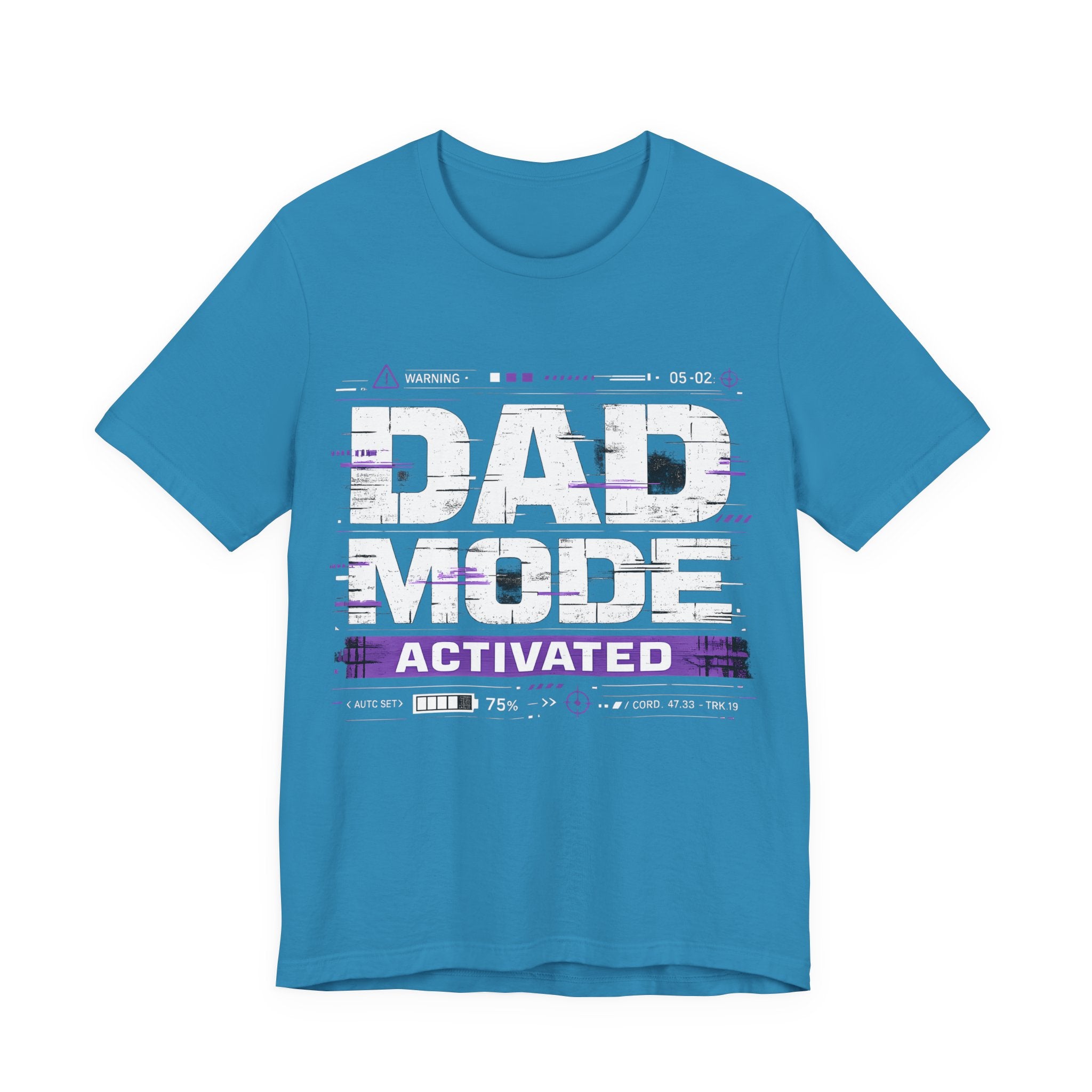 Aqua t-shirt with 'Dad Mode Activated' text design.