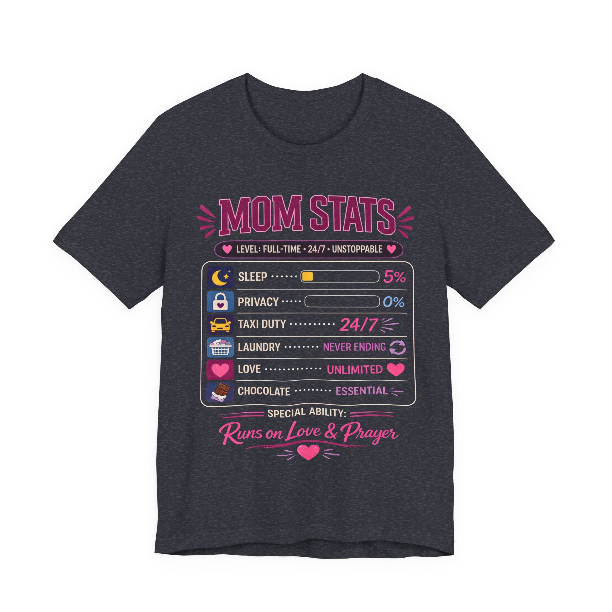 Heather Navy t-shirt with a graphic design and text on a white background