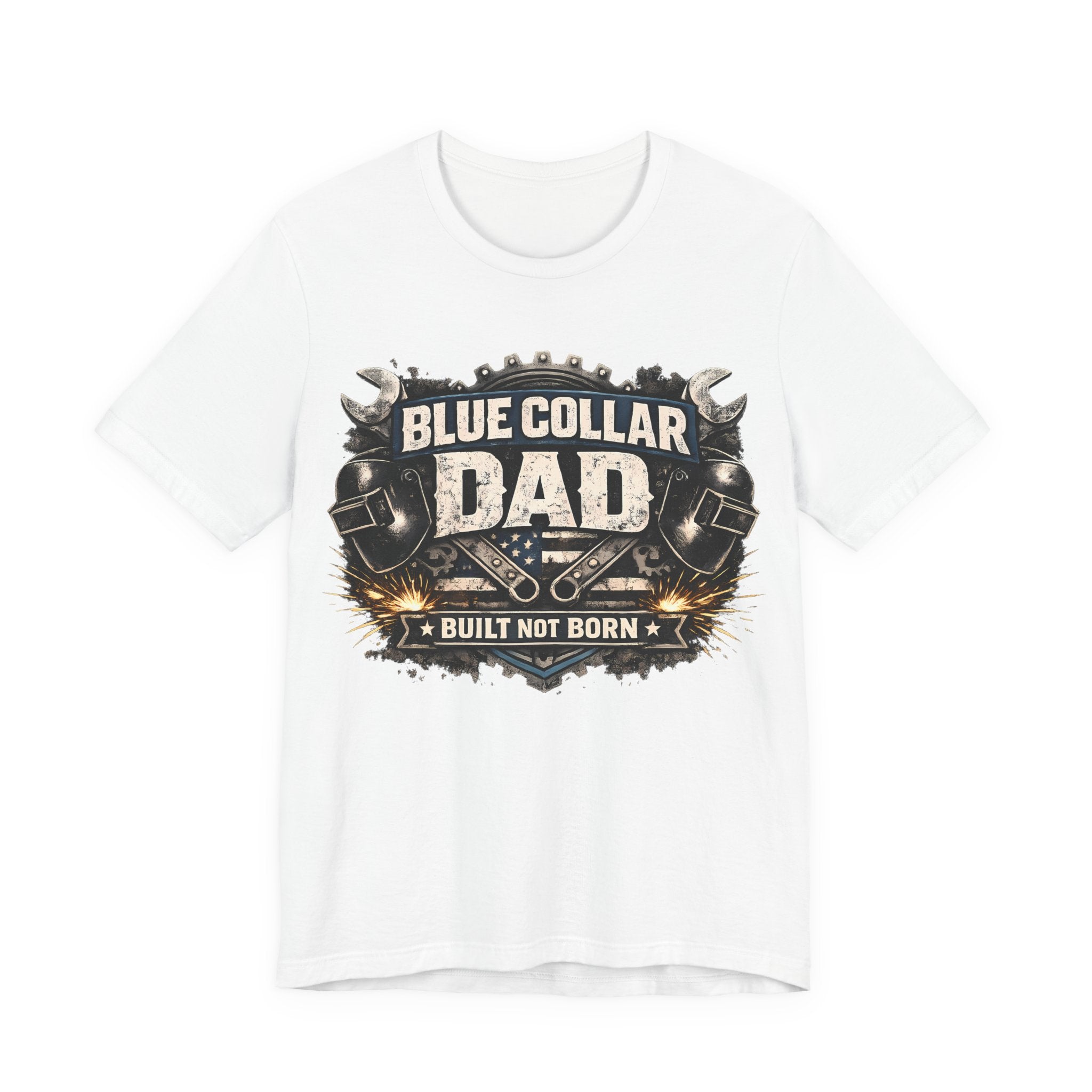 White t-shirt with 'Blue Collar Dad' graphic design