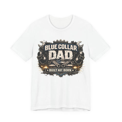 White t-shirt with 'Blue Collar Dad' graphic design
