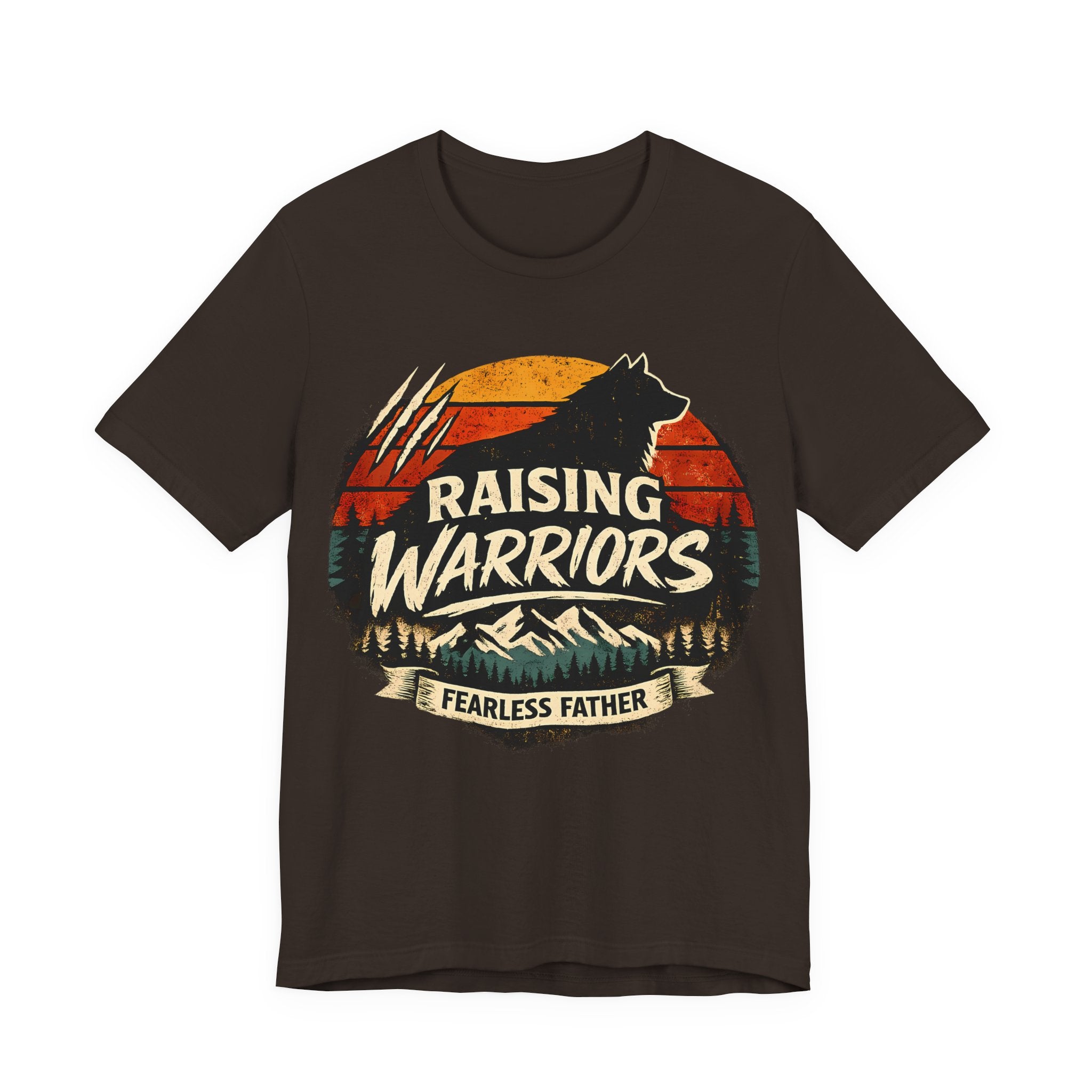 Brown t-shirt with 'Raising Warriors Fearless Father' graphic design.