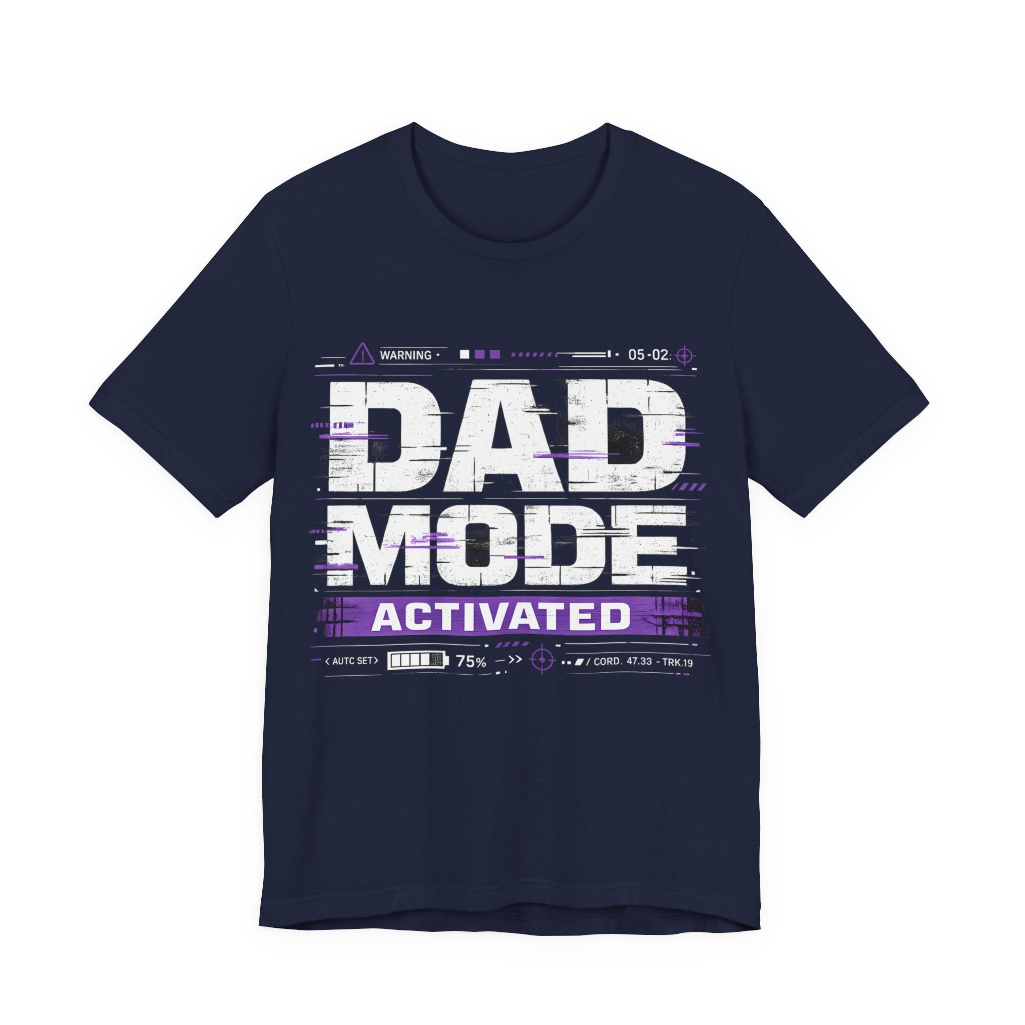 Navy t-shirt with 'Dad Mode Activated' text design.