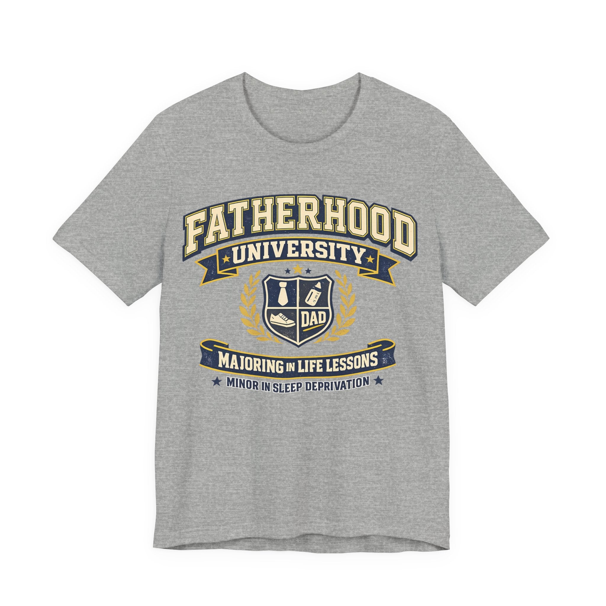 Athletic heather t-shirt with 'Fatherhood University' graphic design.