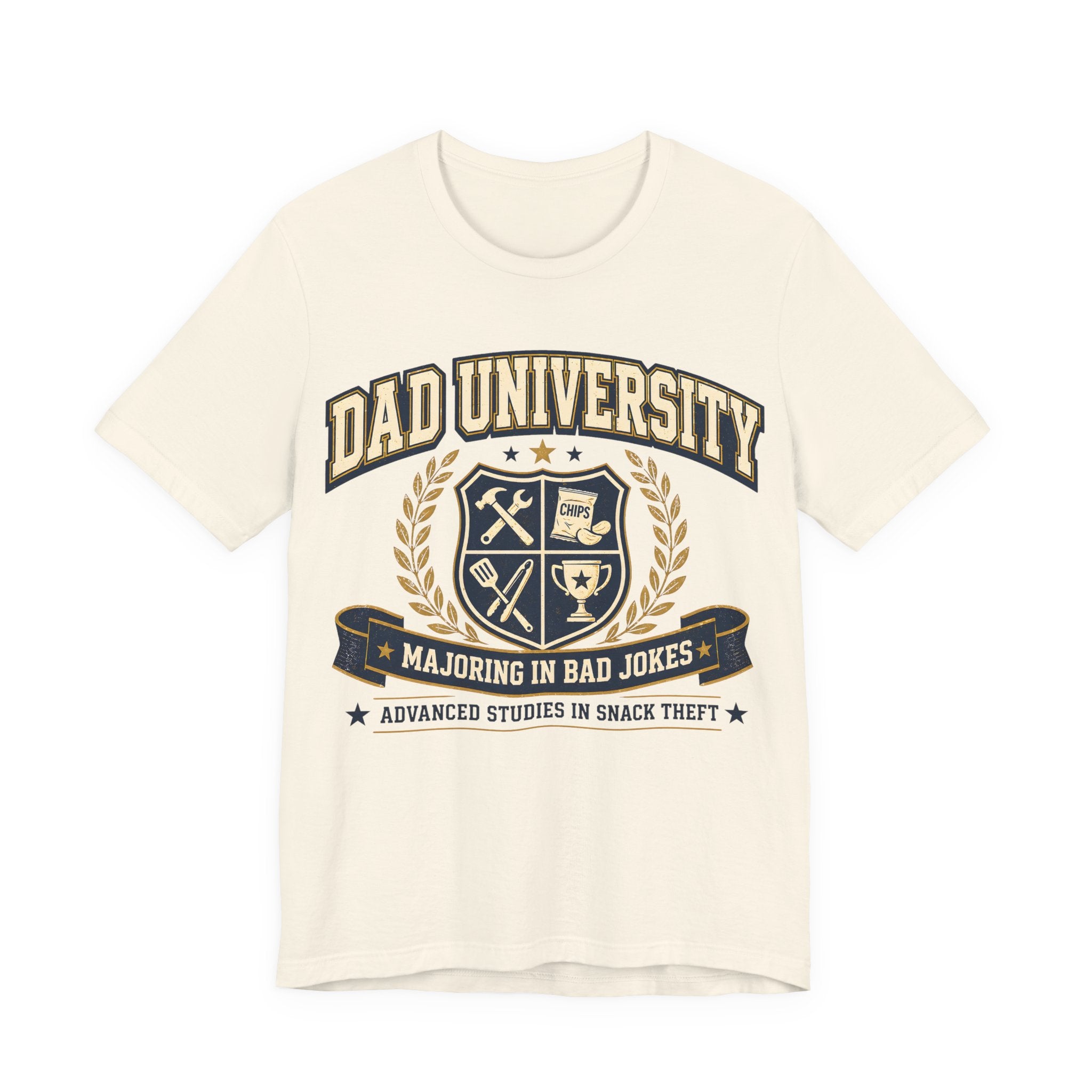Natural t-shirt with 'Dad University' graphic design.
