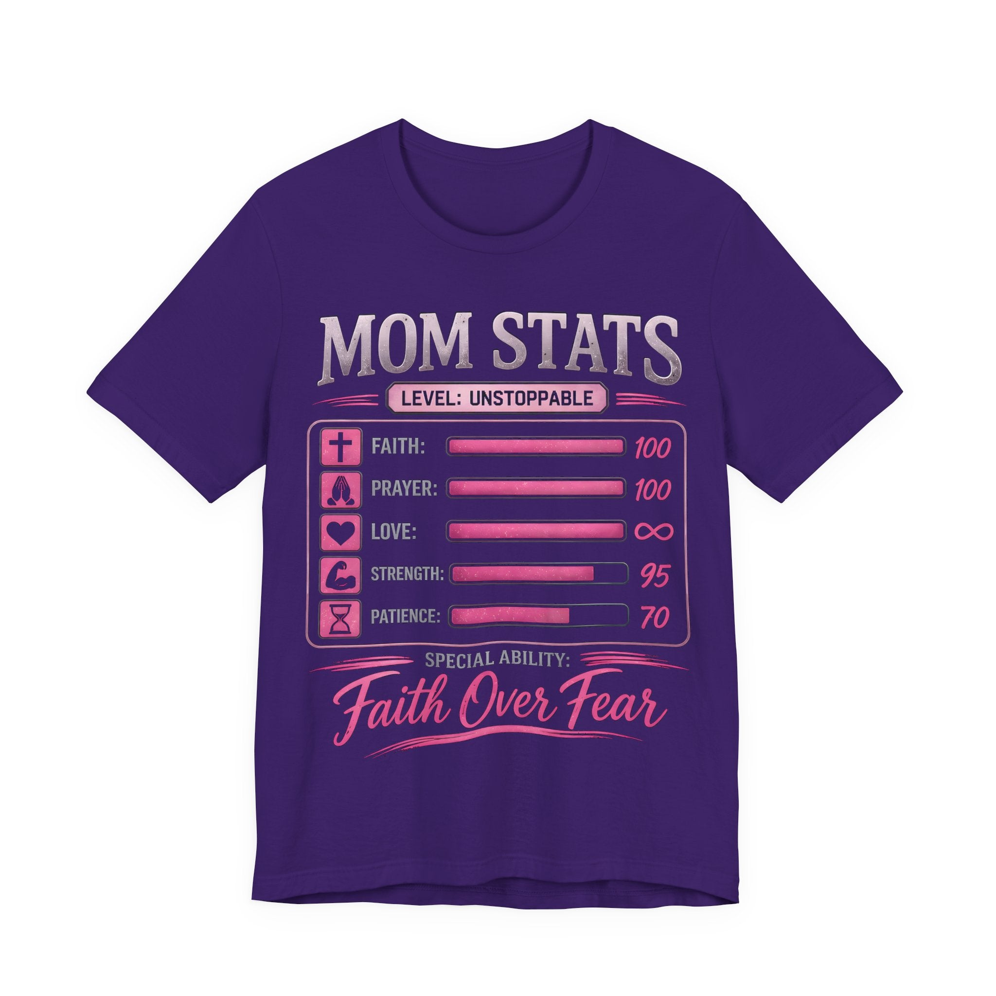 Purple t-shirt with 'Mom Stats' graphic design on a white background