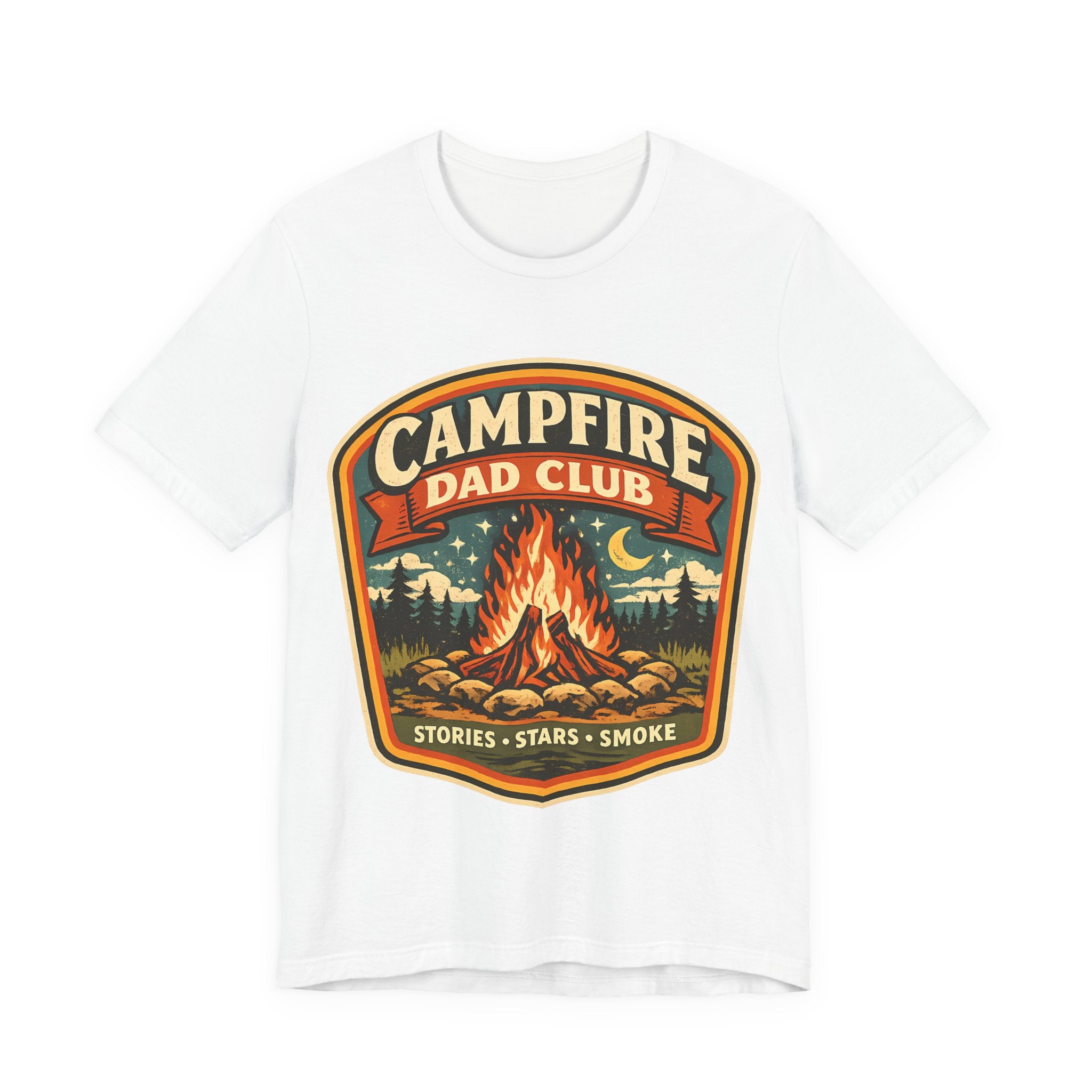 White t-shirt with 'Campfire Dad Club' graphic design featuring a campfire and nature elements.